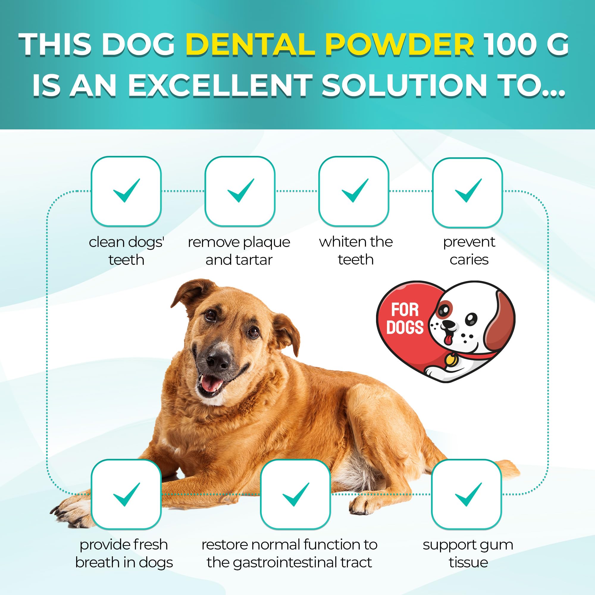 Dental Cleaning Powder Dog Breath Freshener to Help with Plaque, Tartar, & Caries – Dog Probiotics + Valerian in The Composition – Scoop Included – 100 G