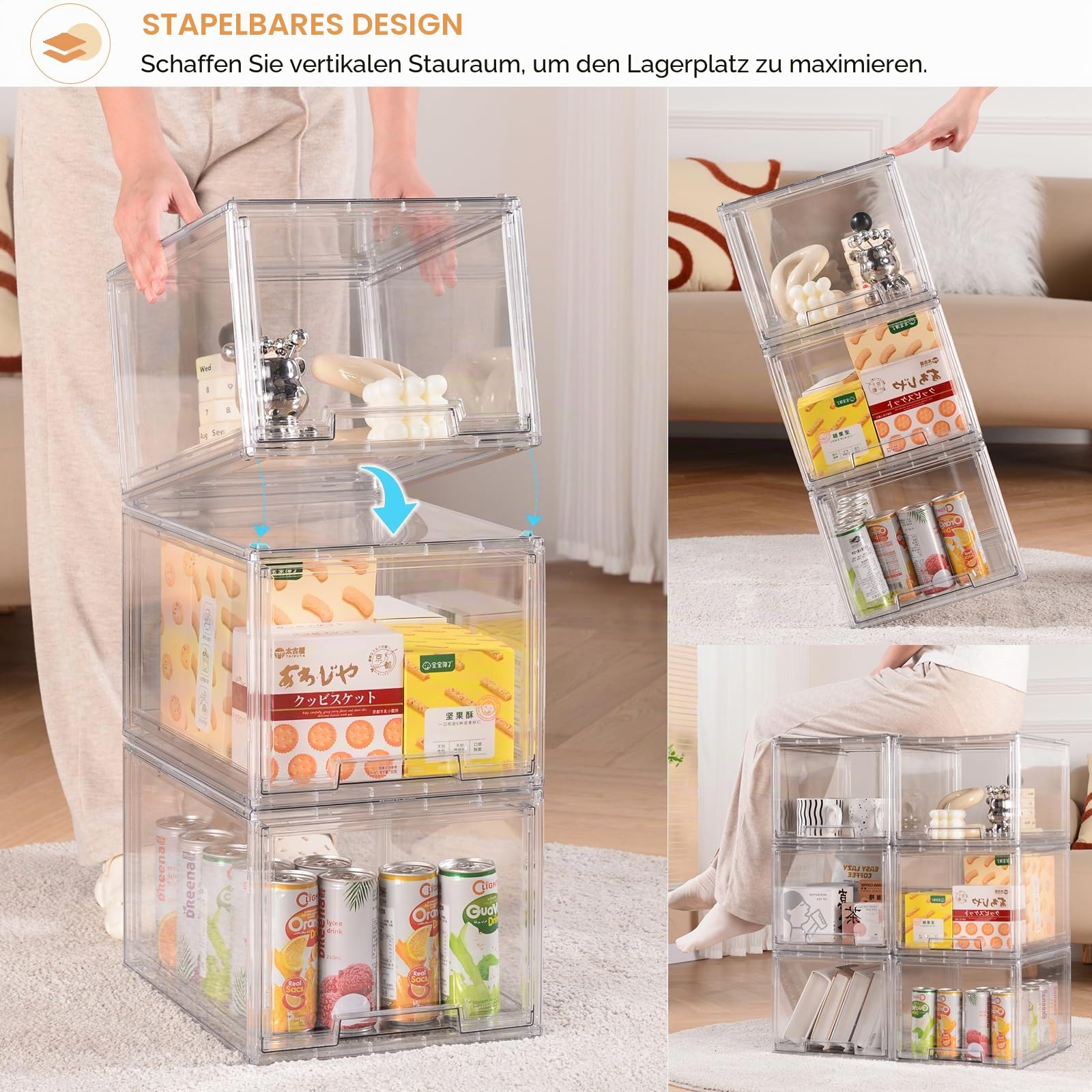 Stapelbare Aufbewahrungsschubladen aus Kunststoff, LINYAPRY Klare Lagerung Bins Organizer mit ausziehbarer Schublade für Küchenschrank Speisekammer Kühlschrank Gefrierschrank Regal Kühlschrank (2)