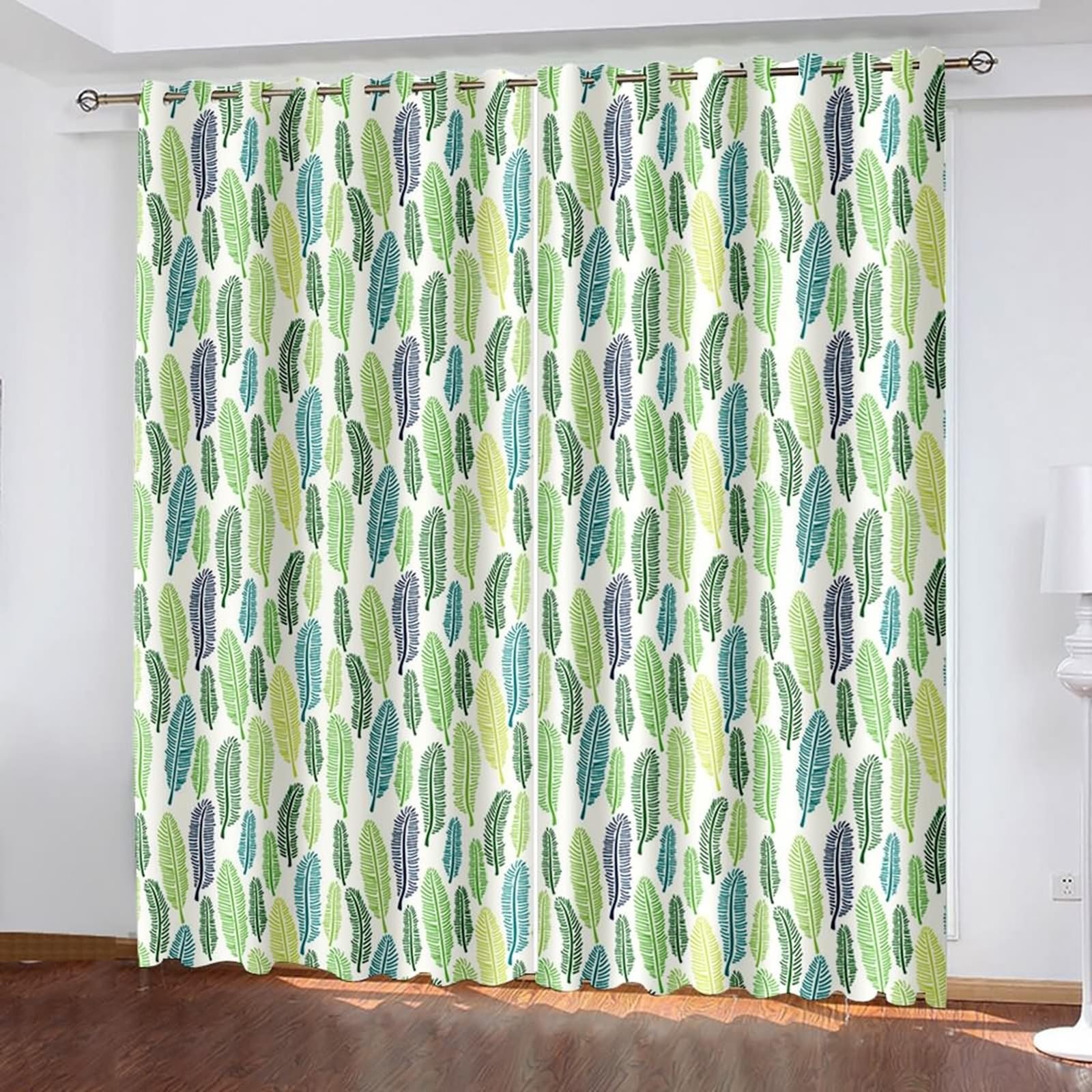 Lichtdichte Vorhänge 214 cm Lang, Gardinen Blickdicht mit Ösen 2er Set Blau Grün Blätter Muster Vorhang für Schlafzimmer Kinderzimmer Jugendzimmer Wohnzimmer, 96x214 cm(BxH)