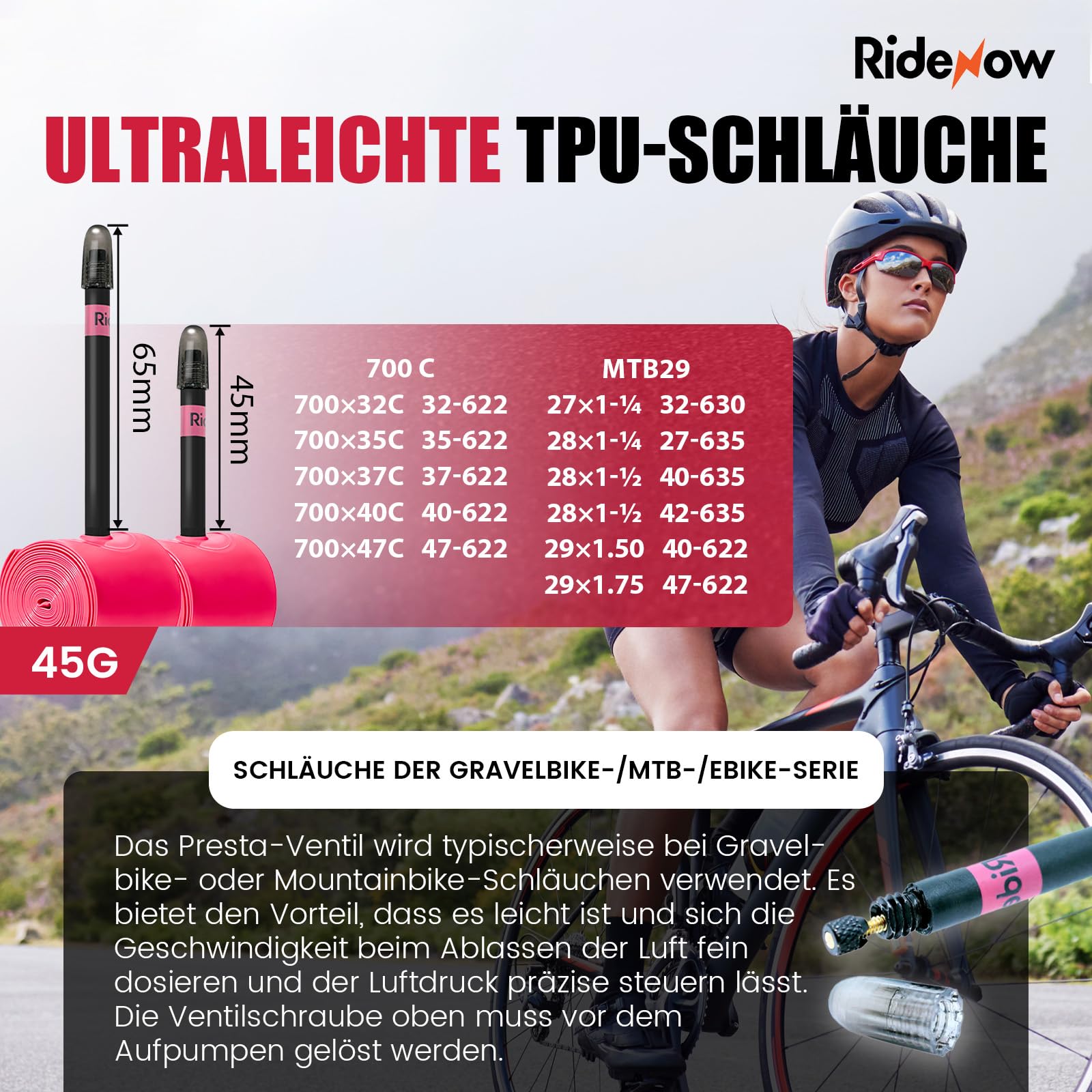 RideNow TPU Schlauch Rennrad Gravel Bikes MTB E-Bike, 700x32-47C 26 Zoll 27.5 Zoll 28 Zoll 29 Zoll Fahrradschlauch, 2 Pack Ultraleicht Schlauch mit Presta Ventil 45mm/65mm