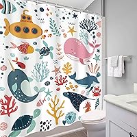 Vista 4 de Cortina de ducha para niños, océano, verano, linda ballena de dibujos animados, divertida decoración de baño para guardería, niños y niñas