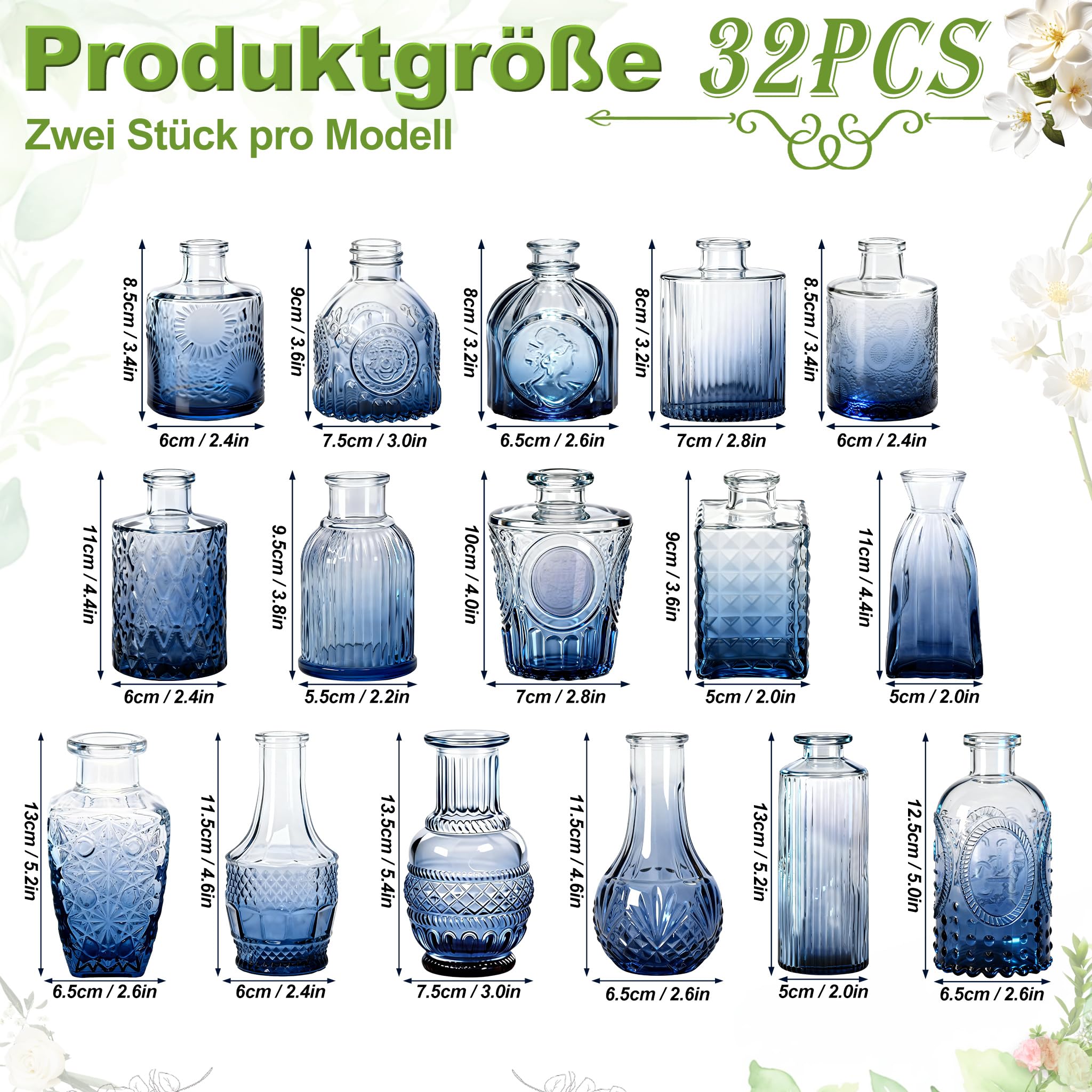YRHome 32 Stück Kleine Vasen für Tischdeko, Glas-Budenvasen-Set Mini, kleine Glasvase, Vintage-Blumenvasen & Knospenvasen für Hochzeiten, Partys, Feierlichkeiten Verlauf Blau
