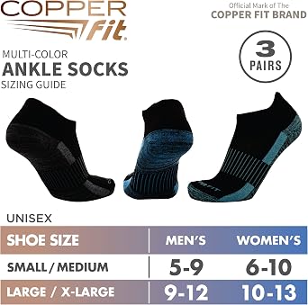 Copper Fit Unisex No Show Sport Socks, Black, Large-X-Large, 3 Pair