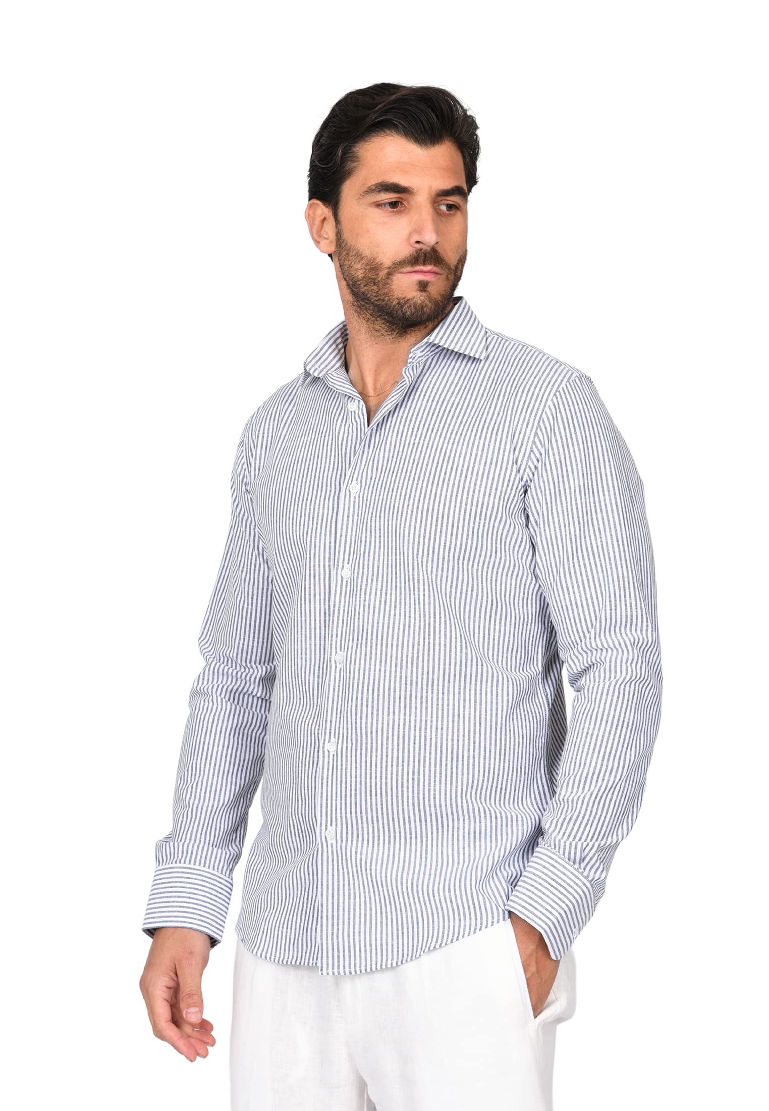 Ciabalù Camisa de lino para hombre, fabricada en Italia, corte entallado, de puro lino y algodón, a rayas, manga larga, cuello francés