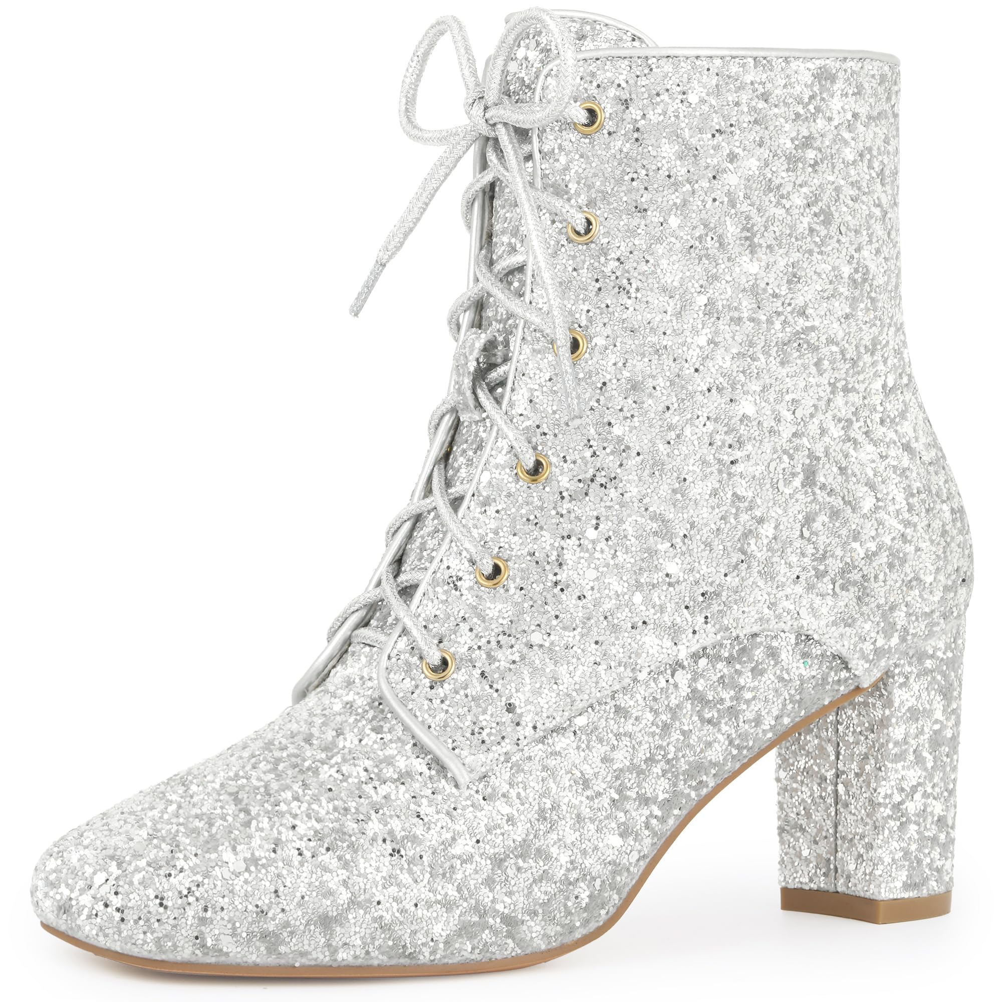 Perphy Lace Up Square Toe Sparkly Glitter Block Heels Ankle Boots for Women