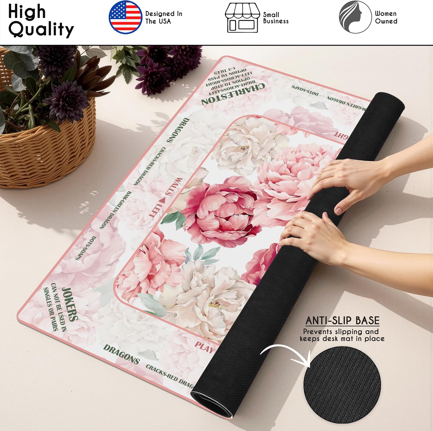 Pink Peony with Rules Mahjong Mat (detail)