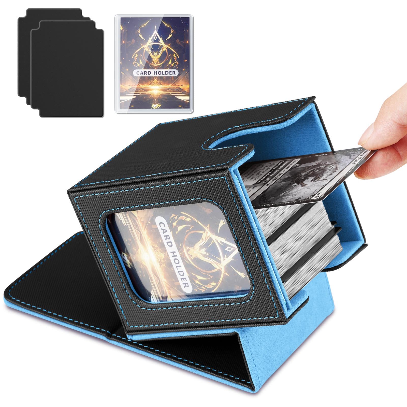 TiMOVO Trading Card Storage Box, 220+ MTG Card Deck Box with 2 Dividers &amp; 1 Card Supporters, Magnetic Leather Commander Deck Box Fits TCG CCG Magic Game Cards, Black+Sky Blue