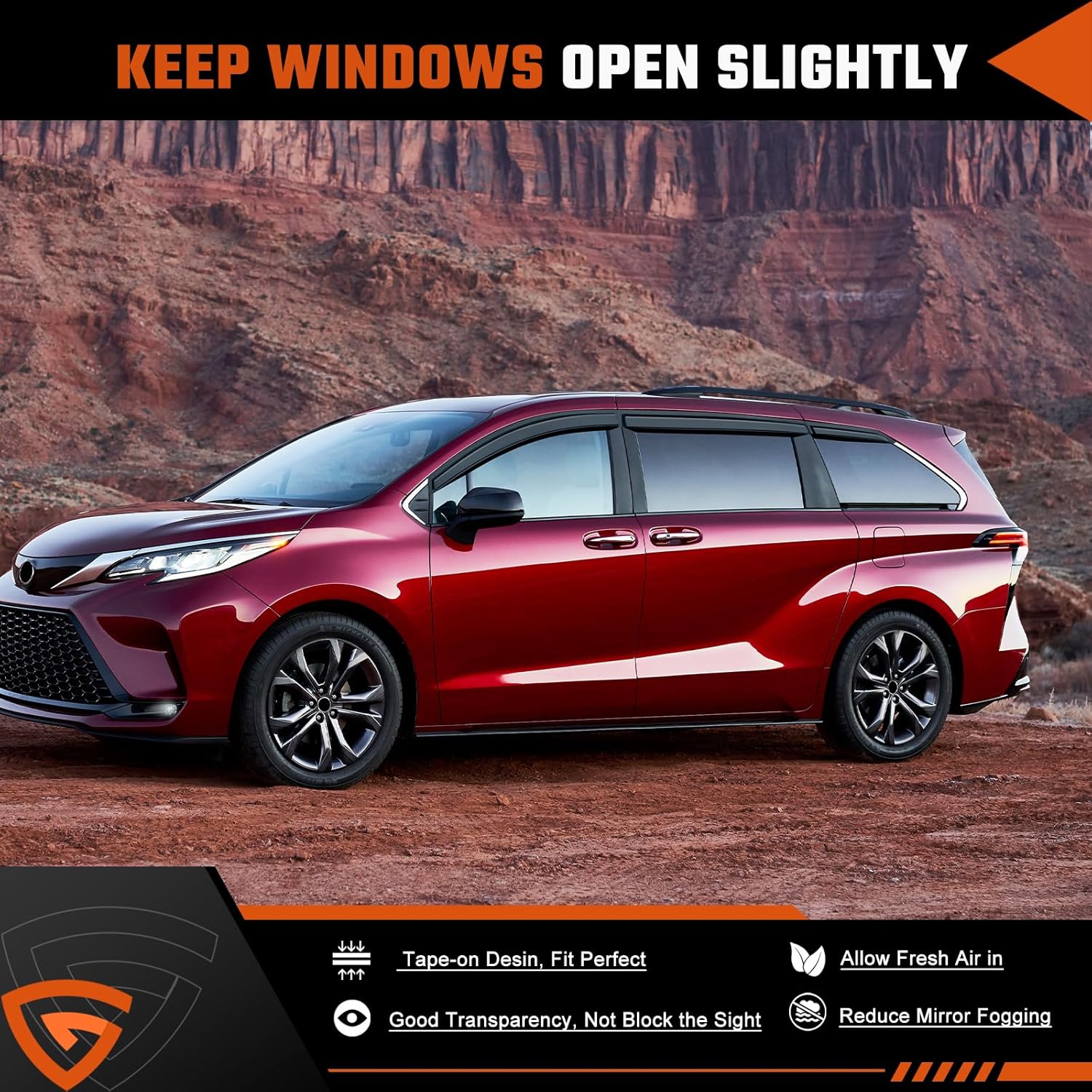 Rain Guards Compatible with Toyota Sienna 2021 2022 2023 2024 2025 2026, Tape-On Extra Durable Side Window Visor Deflectors 2021-2026 Sienna Rain Guard Black 6 PCS