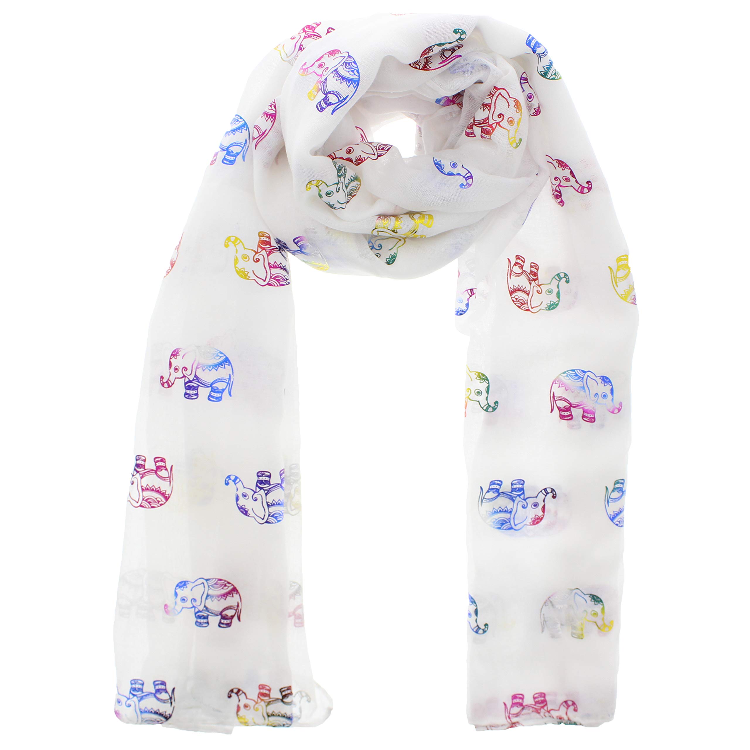 Zac's Alter Ego Women's White Scarf With Rainbow Foil Metallic Glitter Elephant Print