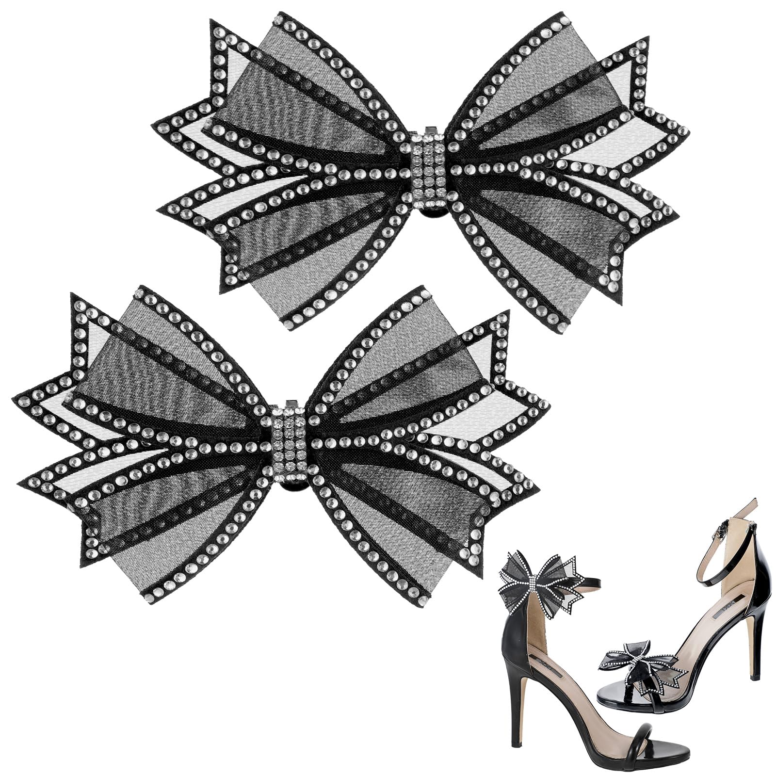 2 Pcs Shoe Clips, Elegant Rhinestone Bow Shoe Jewelry, Detachable Mesh Rhinestone Bow High Heel Shoes Clips for Women Girls Wedding Party Shoes Buckle Bag Clothing Hair Accessories