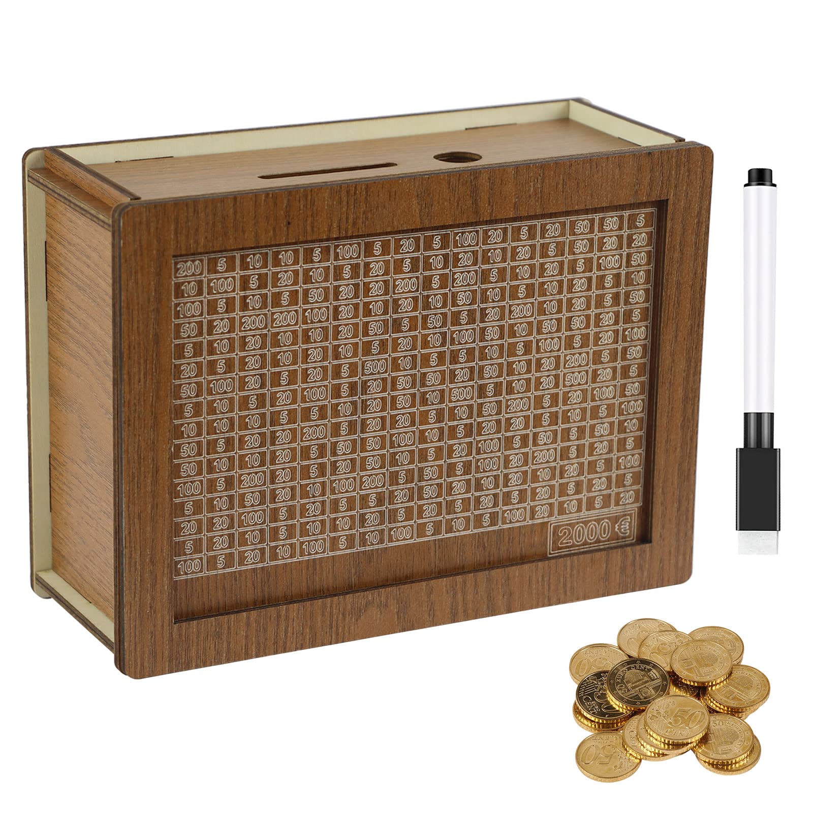 Kakeibo Wooden Money Saving Challenge Box, Piggy Bank for Adults Kids, Coin Bank for Boys and Girls, Wooden Cash Savings Box with Money Target and Numbers(2000€)