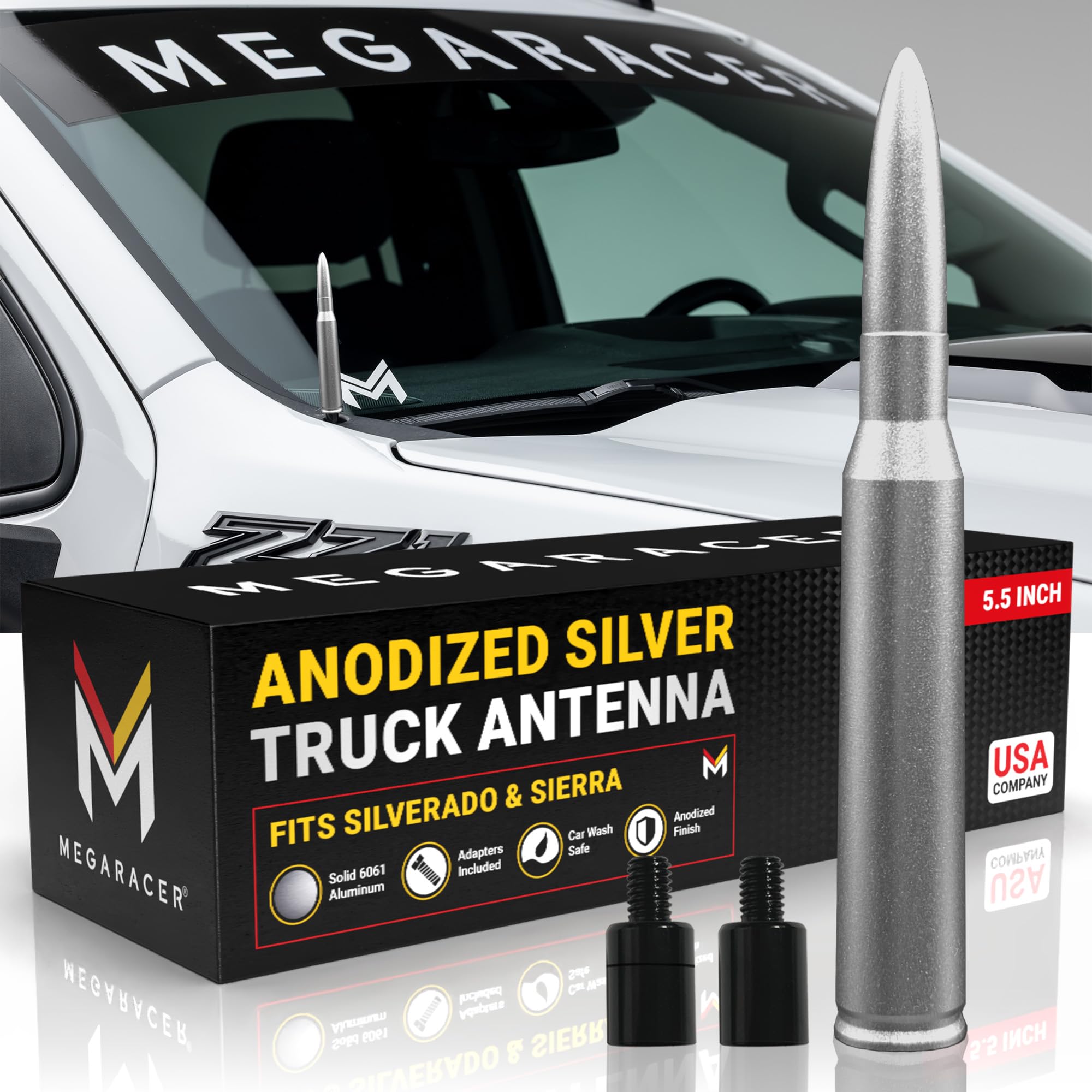 Mega Racer Anodized Silver Bullet Antenna
