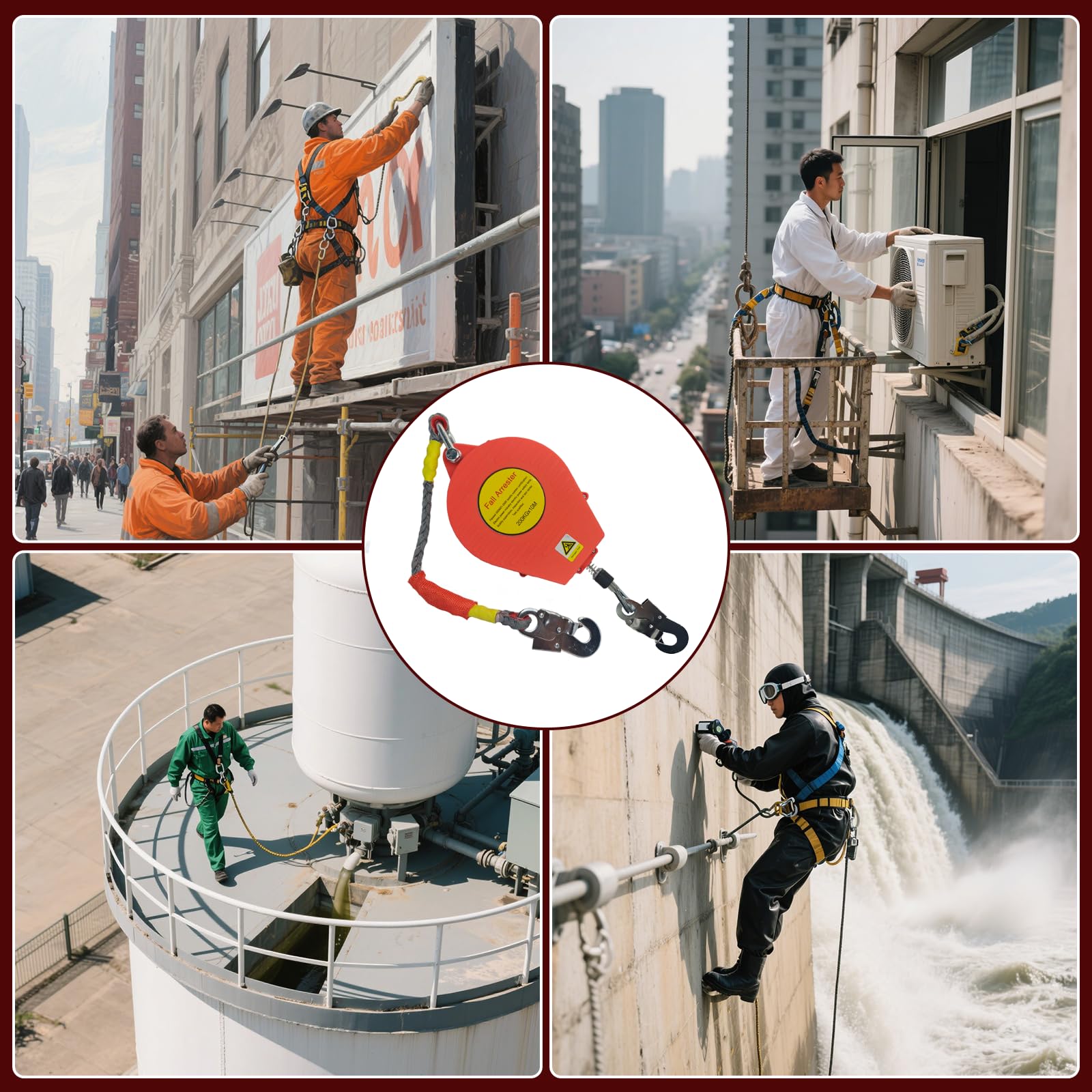 Dispositivo Anticaduta Retrattile Certificato, 200 KG Dispositivo Anticaduta Tetto con Doppia Serratura, 10m Rosso Kit Imbracatura Anticaduta Tetto e Lavoro Aereo(Rosso - 2 Pezzi,10m)