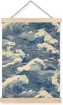 Nipil Blue and White Wave Japandi Poster Hanger Frame, Japanese Room Decor, Abstract Japanese Wabi Sabi Ocean Waves Coastal Beach Hanging Canvas Framed Wall Art Decor for Home, 12x16 Inch