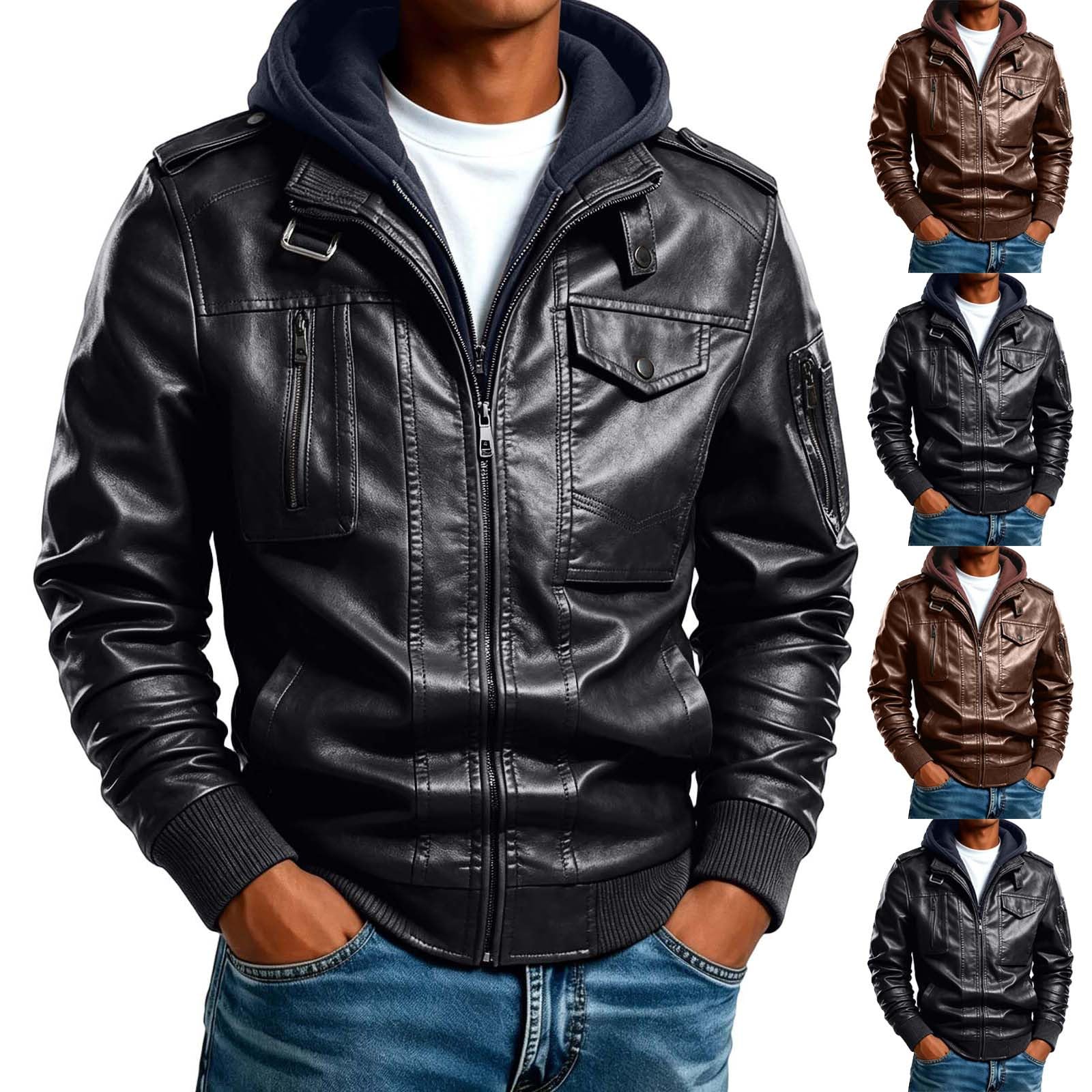 Lederjacke Herren mit Kapuze Leder Jacke Motorrad Jacke mit Brusttaschen Kapuzenjacke Slim Fit Outdoor Jacken Winterjacke Herbstjacke Mode Bikerjacke Freizeitjacke Herrenjacke