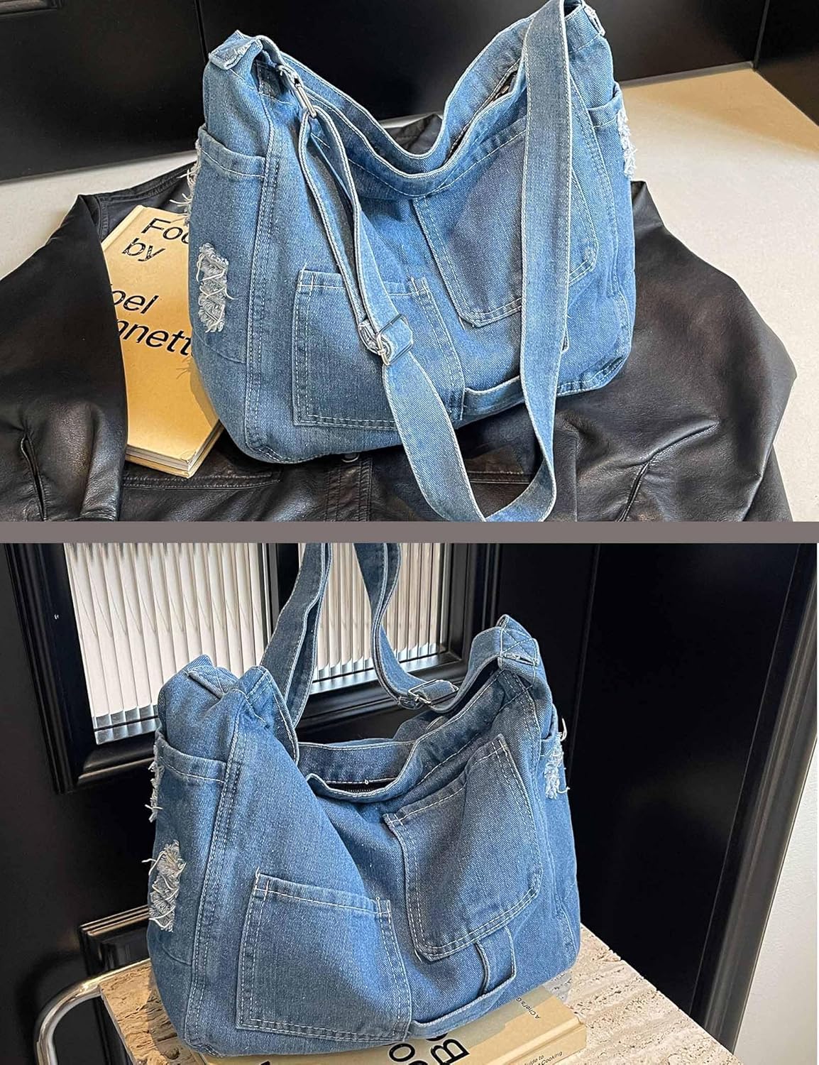 Denim Hobo Tote Bag for Women Blue Large Jean Casual Shoulder Purse Crossbody Handbag - Image 4