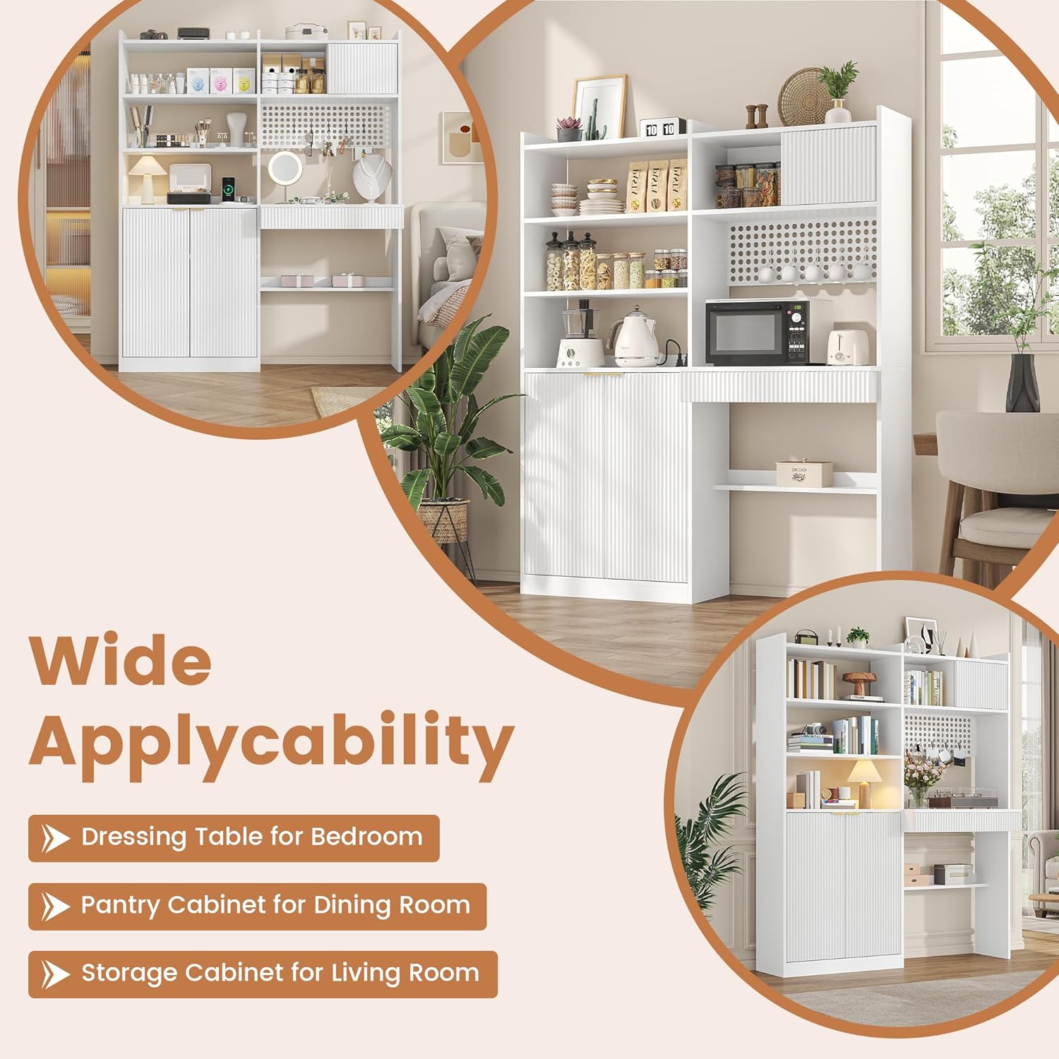 kepptory 63" Tall Computer Desk with Hutch, Fluted Wood Computer Desk, Featuring Charging Station, Drawer and Storage Cabinet, for Home Office Work and Study (White)