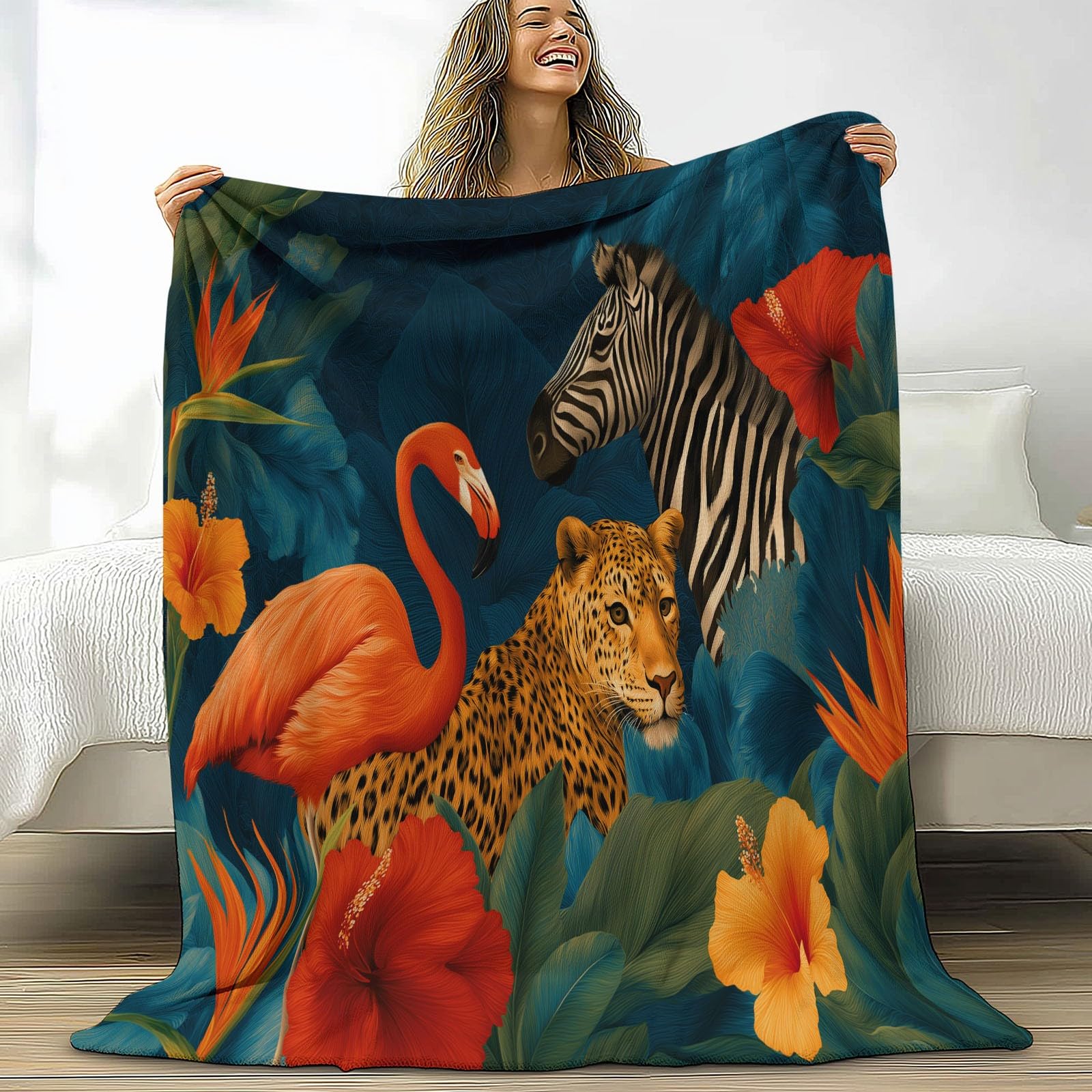 Couverture lit 2 personnes bleu jungle tropicale pour cocooning sur le canapé
