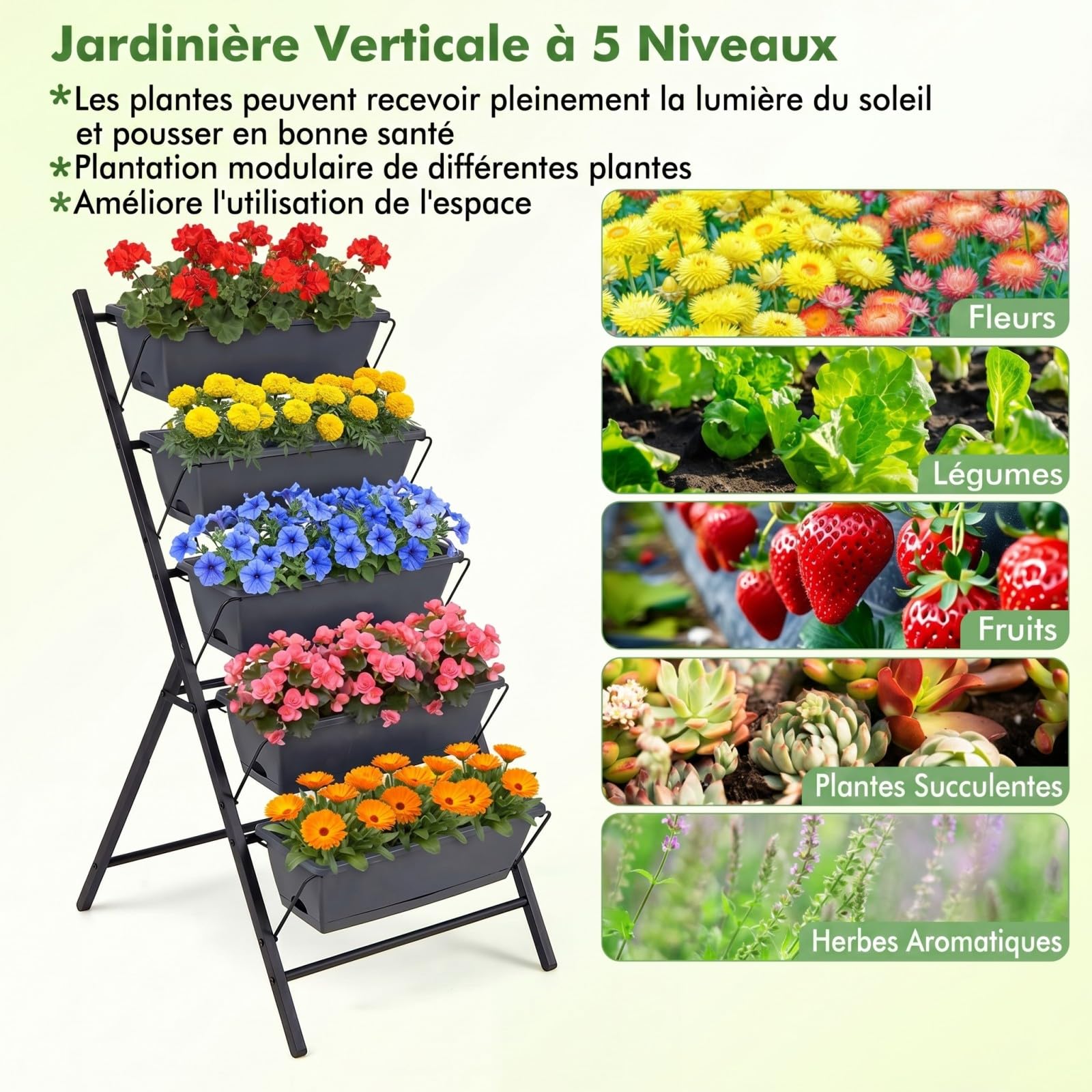 COSTWAY Jardinière Verticale Surélevée à 5 Niveaux sur Pied, Bac à Fleurs Autoportante avec 5 Bacs de Plantation et Trous de Drainage Plateau Amovible, pour Jardin Balcon Terrasse (Noir)