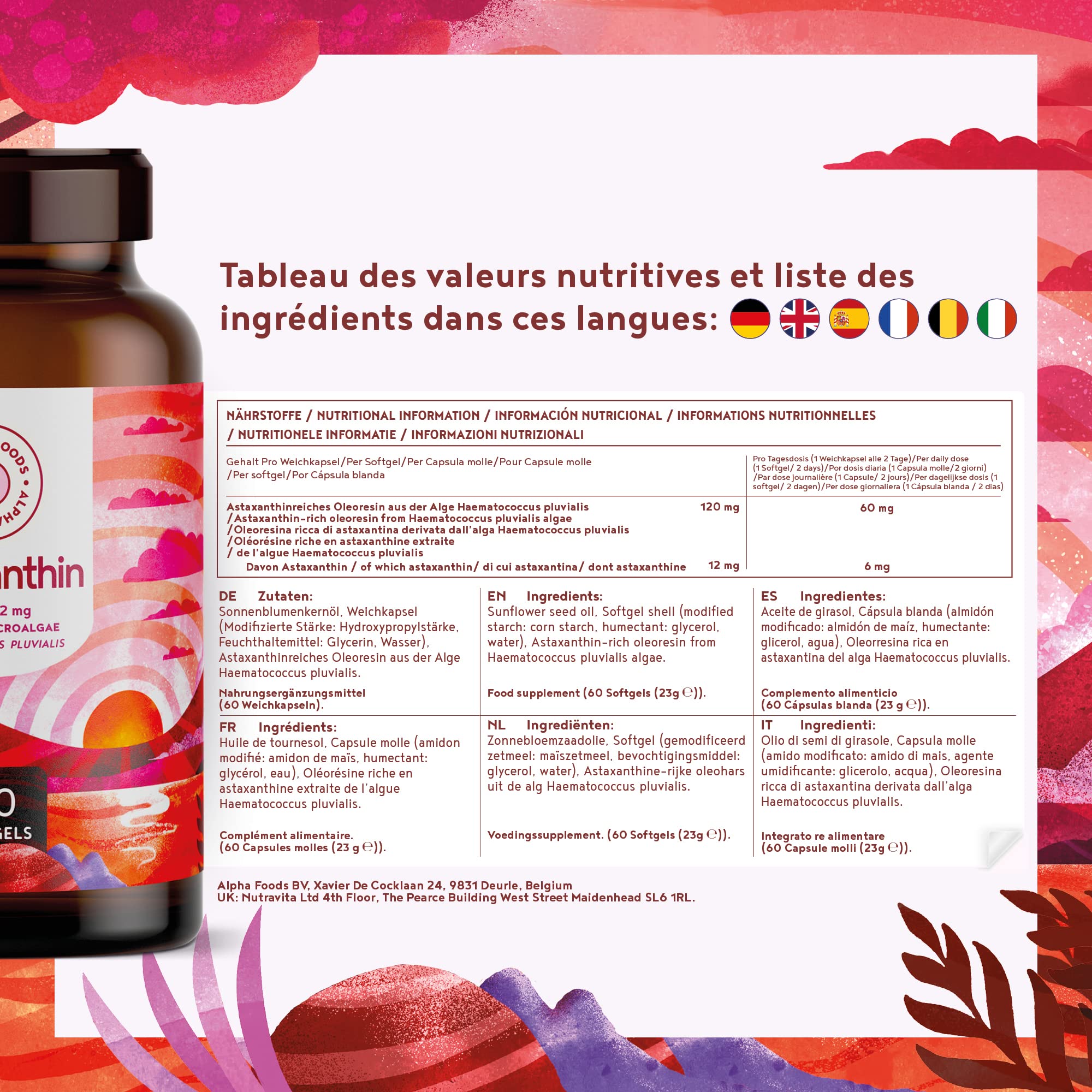 ASTAXANTHINE 12mg - De pure microalgue Haematococcus pluvialis - Biodisponibilité optimisée avec de l'huile de lin - Sans additifs, sans substances auxiliaires - 60 gélules de dépôt végétaliennes