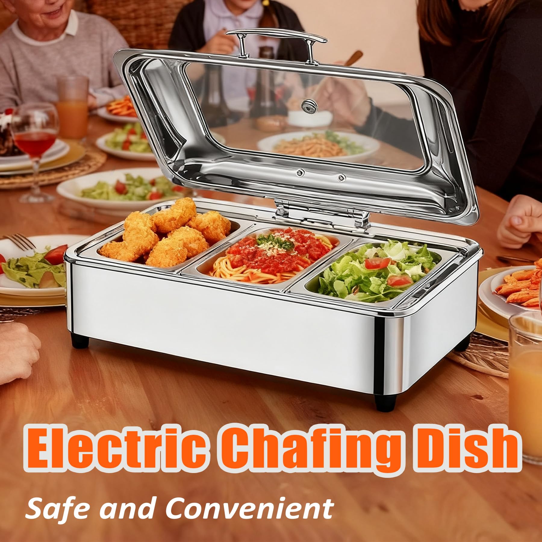 Chafing Dish Elettrico, 9L Scaldavivande Buffet Professionale Elettrico | Commerciale Contenitore Scalda Cibo con Copertura in Vetro per Buffet e Festa, Temperatura Regolabile 0-85℃