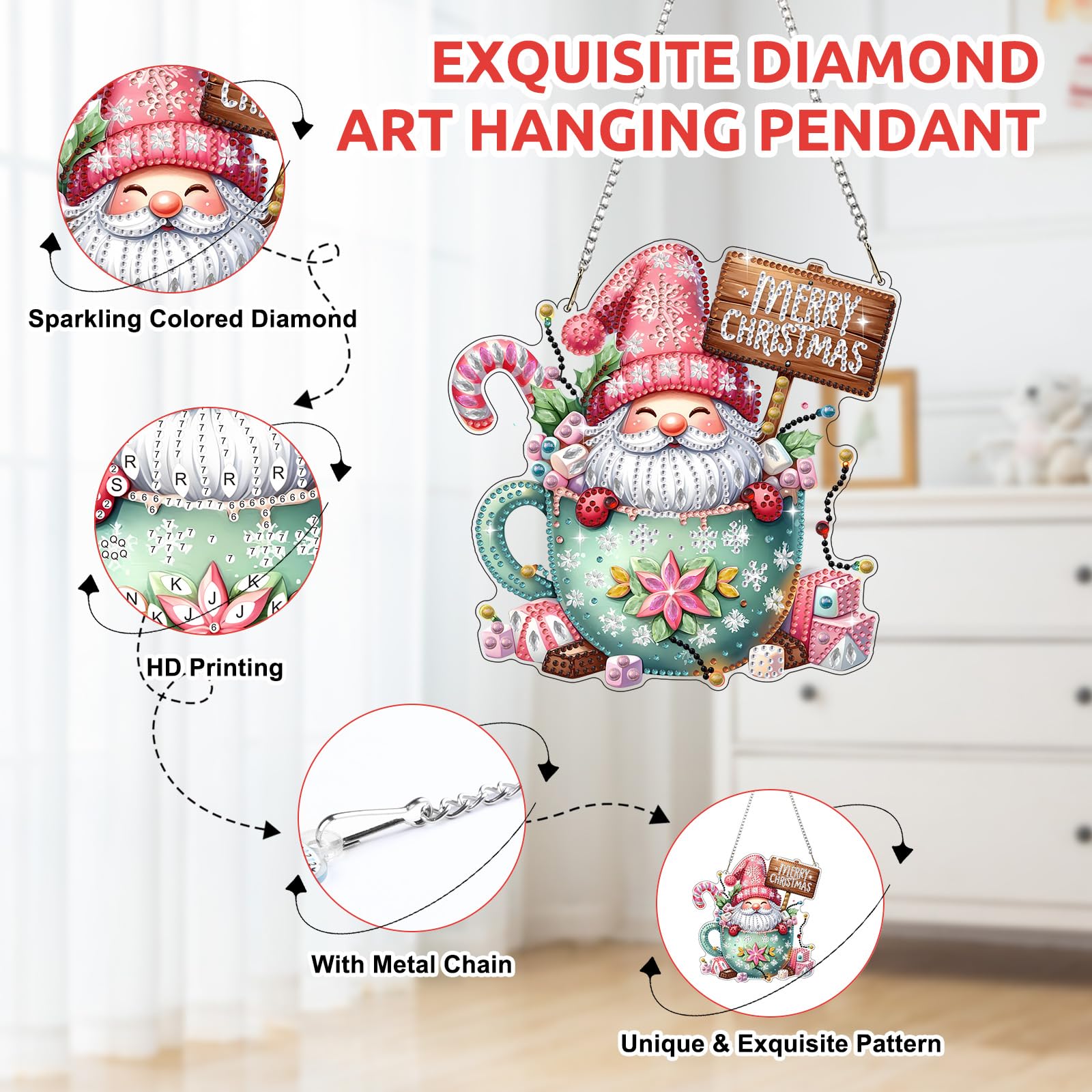 Bowetile Christmas Diamond Painting Hanging Ornament with Chain - Image 4