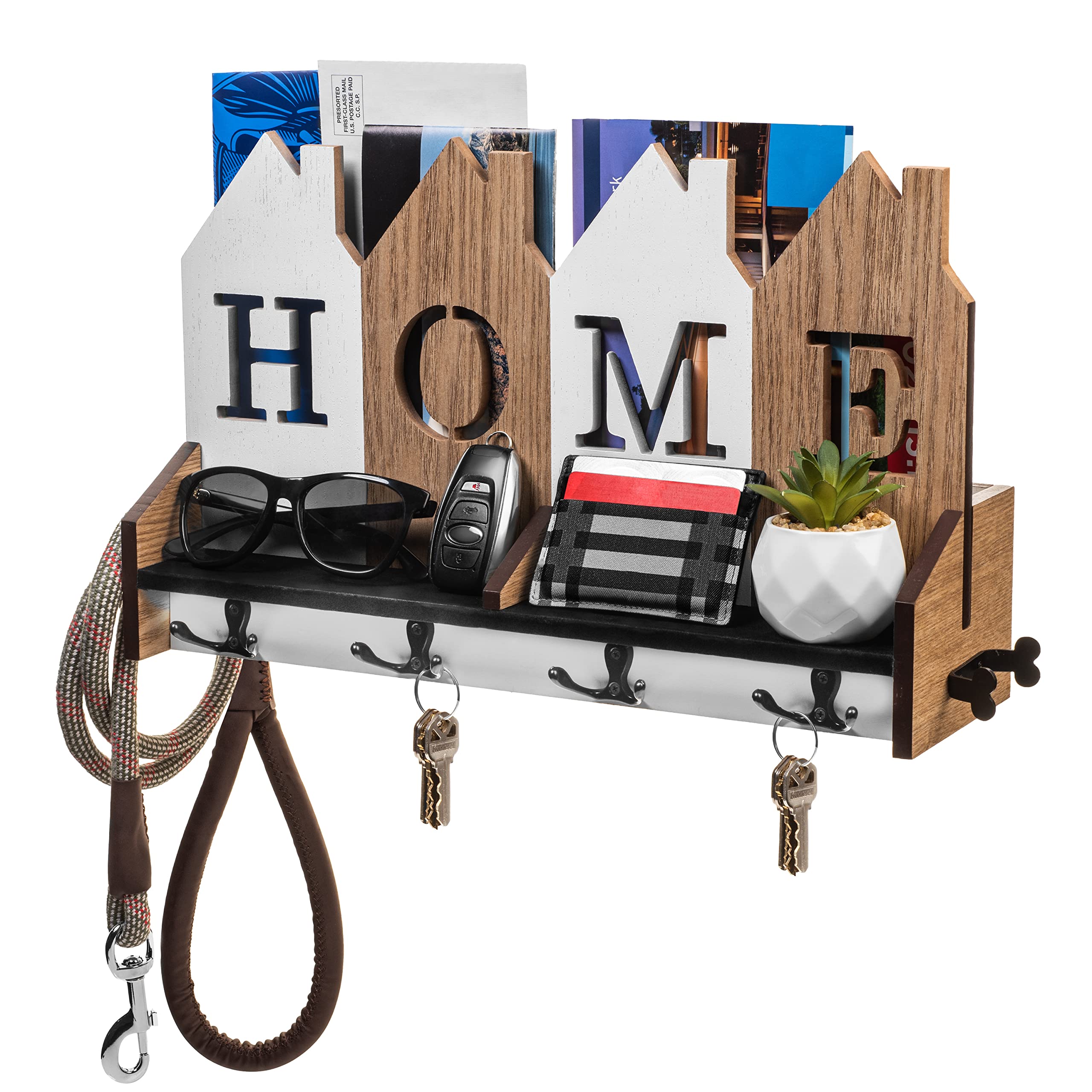Photo 1 of Prime Fulla™- Key Holder Wall - Mail Organizer - Wall Mount- Key Hooks - Keys Chain Hanger Rack and Dog Leash Holders - Wall Decorative with Black Shelf - Farmhouse Entryway & Mudroom Letter Sorter