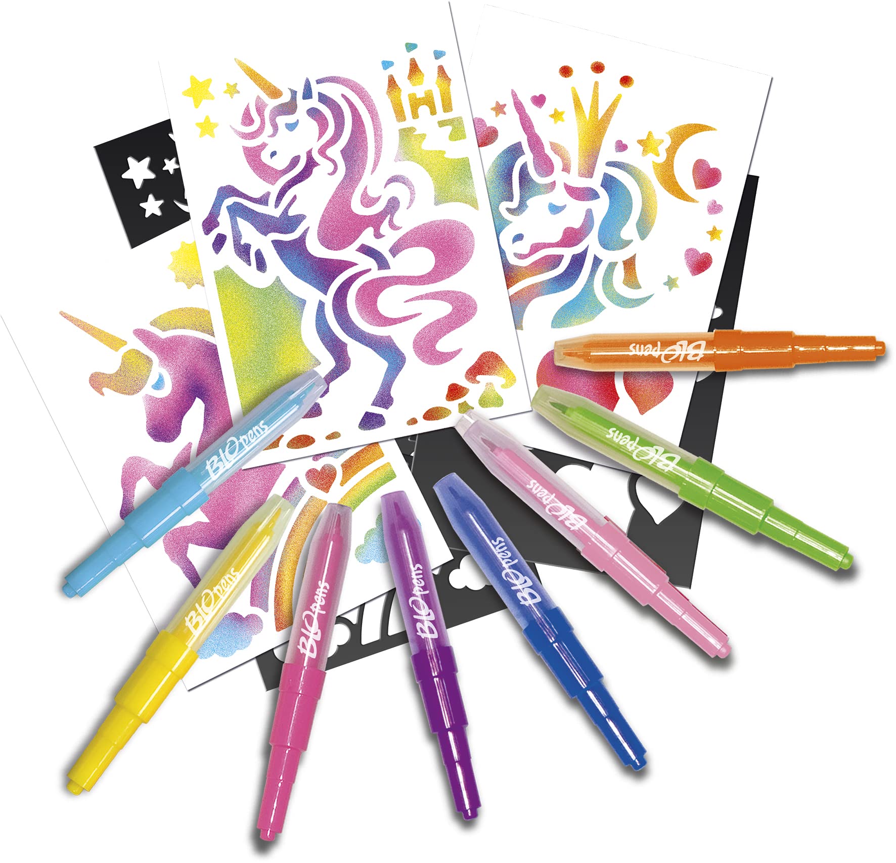 Lansay BLOPENS - Set d'Activités Chevaux Fantastiques - 8 Feutres de Coloriage À Souffler+ 6 Pochoirs Réutilisables + Feuilles - Idée Cadeau Enfants dès 5 Ans - Kit Dessins Licornes Prêt à Utiliser