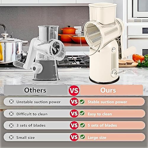 Miniatura 4 de Rallador rotativo de queso con mango triturador de verduras con 5 cuchillas intercambiables, rebanador y picador de alimentos de cocina con base de