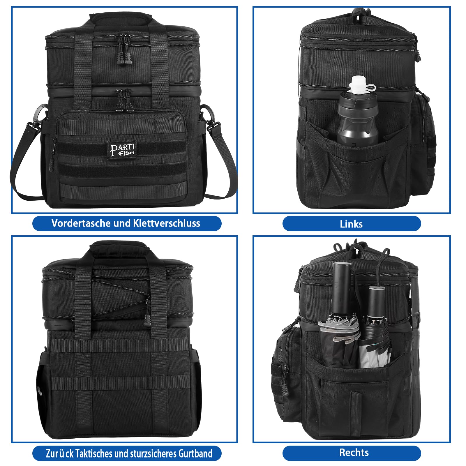 Kühltasche Faltbar Lunch Tasche Weich kühlbox für Herren Baustelle, Gross 15l 18l Erweiterbar 2-Decks 5-lagige Starke Isolierung Wasserdicht Auslaufsicher Lunch Bag, Groß, Taktisch, Schwarz