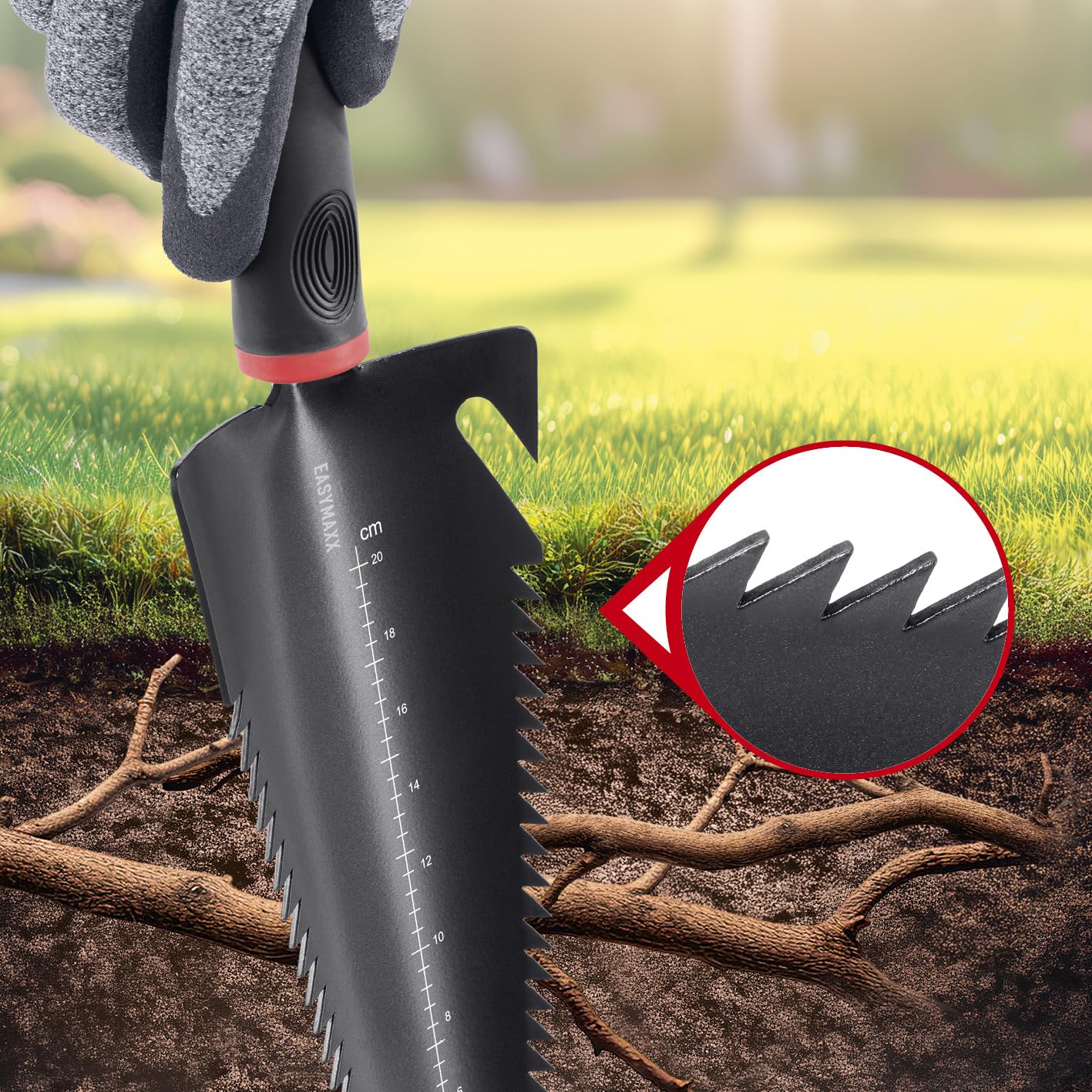 EASYmaxx Łopata do korzeni 4 w 1 i widelec 2 w 1 z piłą do korzeni w zestawie | wielofunkcyjne łopatki do kopania, piłowania, cięcia, spulchniania i przesadzania | Root Digger i łopata korzeni z