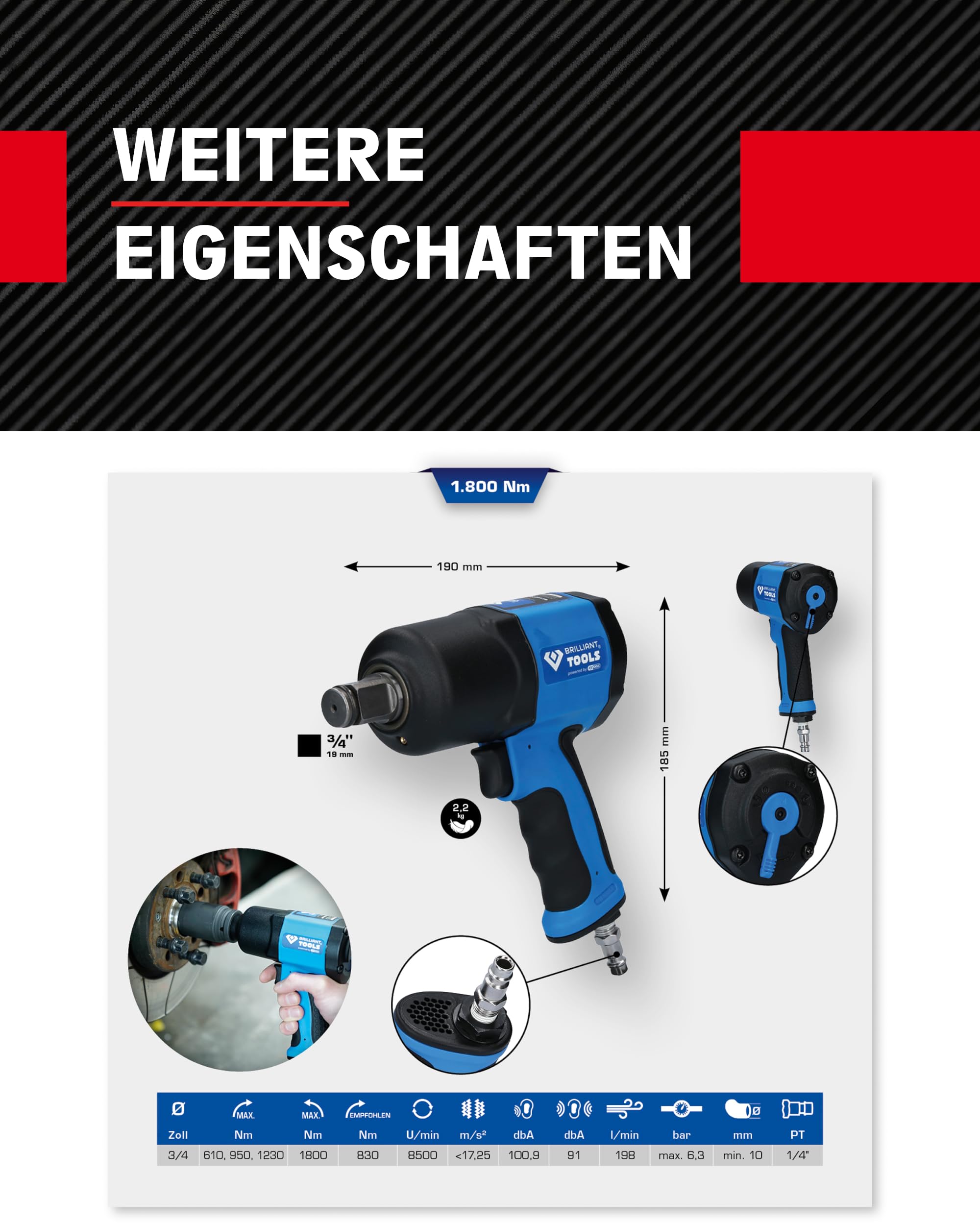 BRILLIANT TOOLS BT160200 3/4 Zoll Druckluft-Schlagschrauber, 1800NM [Powered by KS Tools]