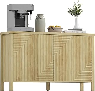 HOMCOM Fluted Sideboard Buffet Cabinet with Storage, 47" Modern Kitchen Credenza with Push to Open Design, 2 Adjustable Shelves and 4 Doors, Coffee Bar Cabinet, Natural