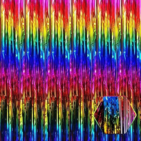 3 Pack Rainbow Foil Fringe Curtain Backdrop, 3.28Ft x 6.6Ft Metallic Tinsel Foil Fringe Streamer Curtains for Photo Booth, Halloween, Christmas, Birthday, Wedding Party Decorations