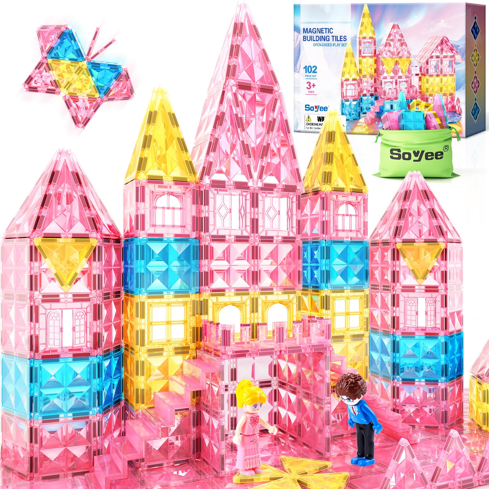 Soyee Magnetic Tiles 102PCS with 2 Stairs 2 Dolls Princess Building Blocks