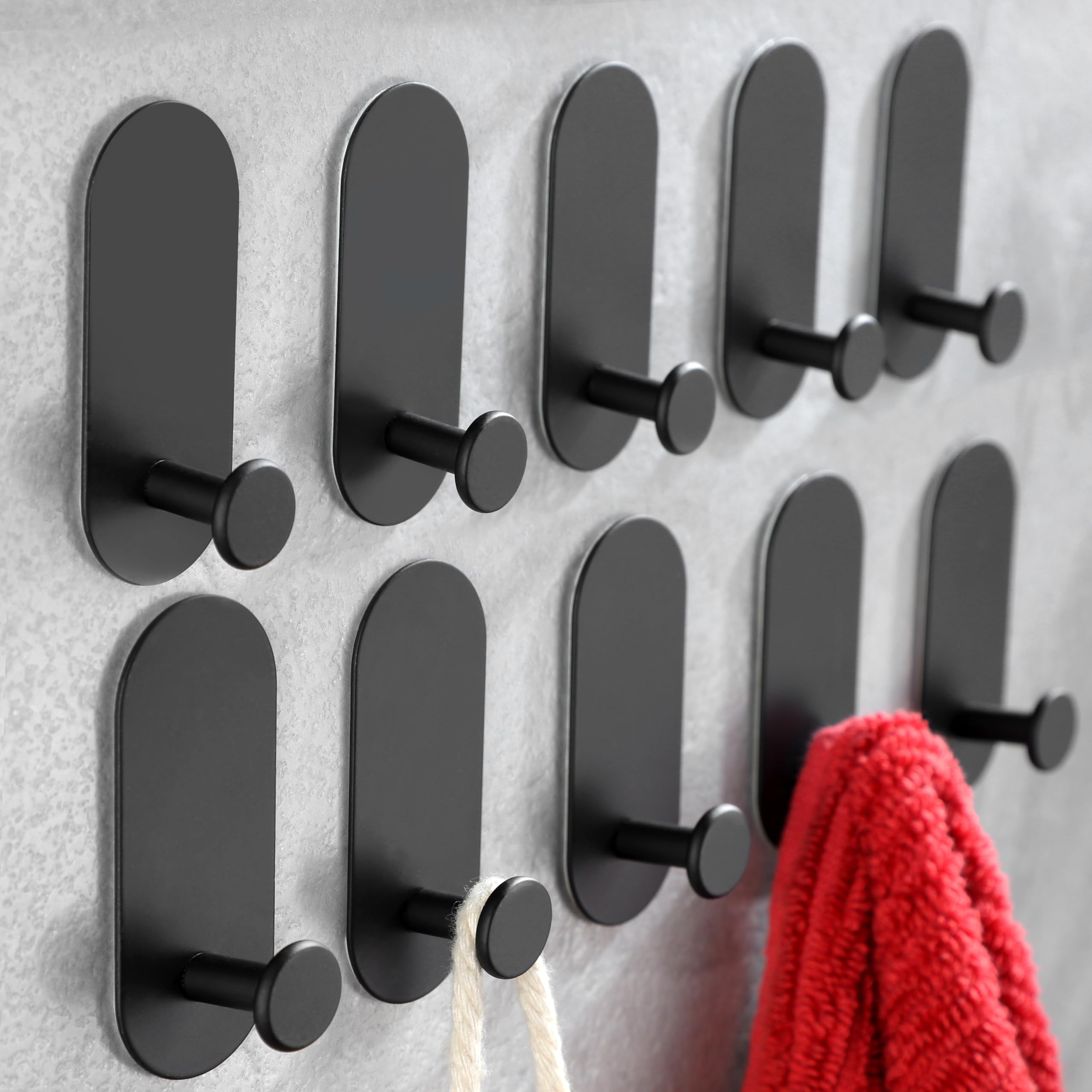 Taozun Adhesive Hooks for Bathroom - 10 Packs Hooks for Hanging Towel Hooks Stick on Wall for Kitchen, Black Self Adhesive Coat Hooks Stainless Steel
