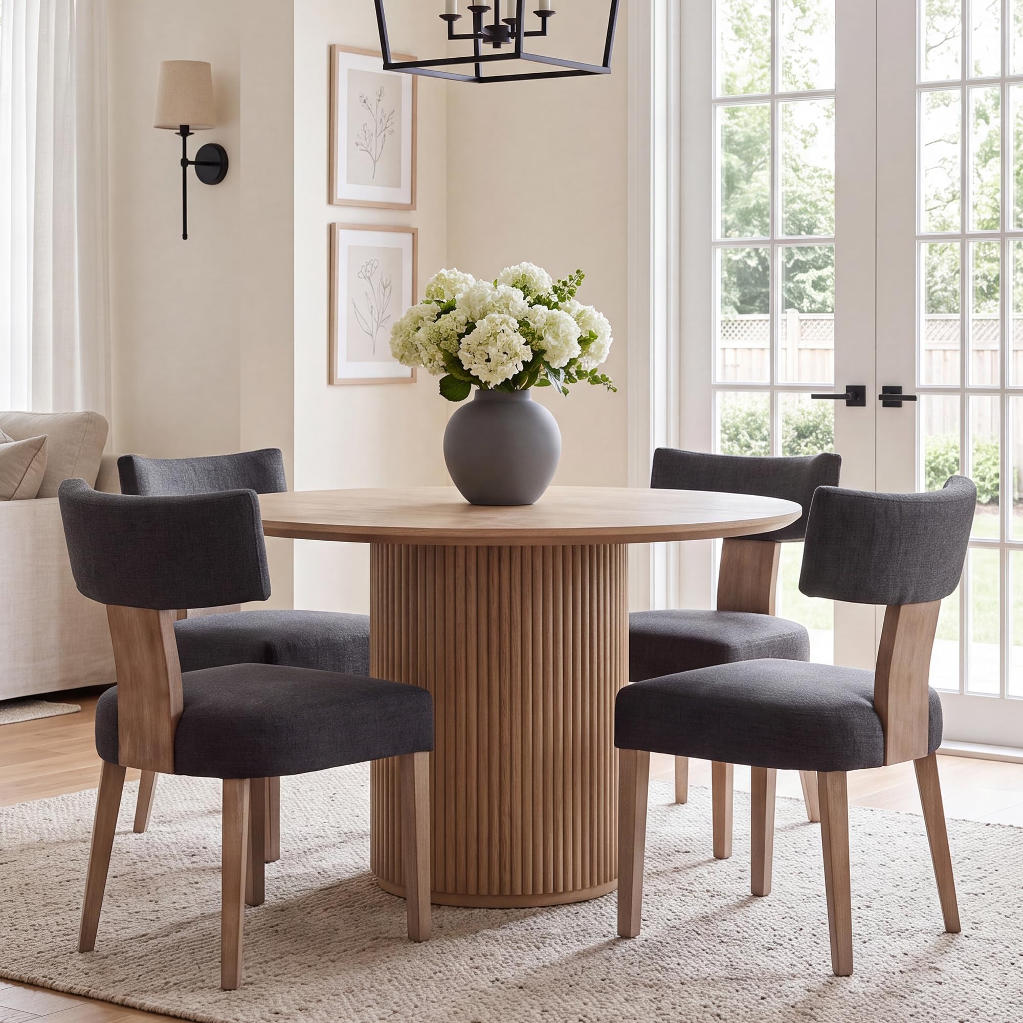 HNY Mid Century Modern Dining Chairs Set of 4 in charcoal linen fabric with curved backrests
