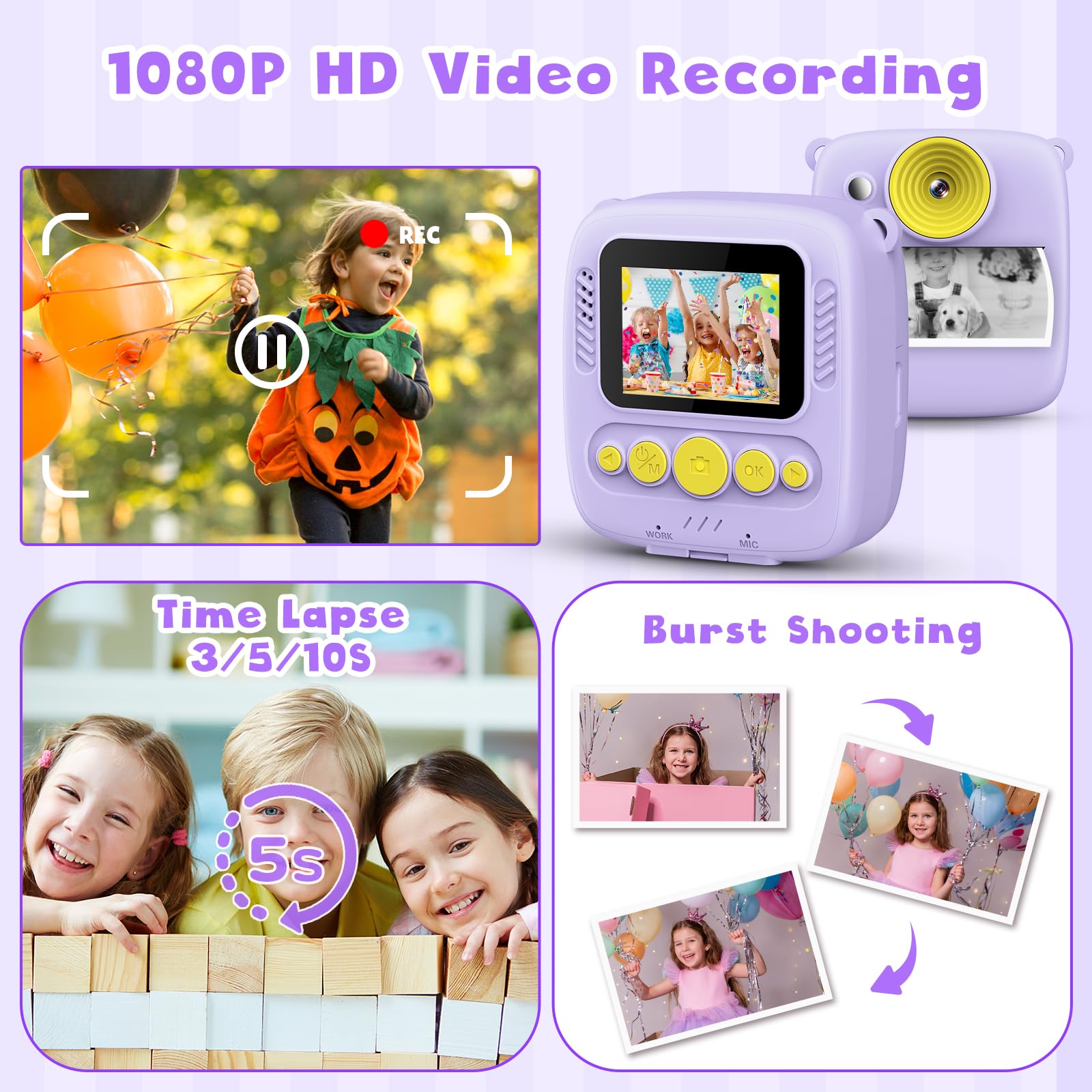 Gofunly Macchina Fotografica Bambini Istantanea, 1080P 2.0 Pollici Fotocamera Digitale Bambini con 32GB Scheda e Carta Fotografica, Regali di Natale Compleanno per 3 4 5 6 7 8 9 10 Ragazze Ragazzida