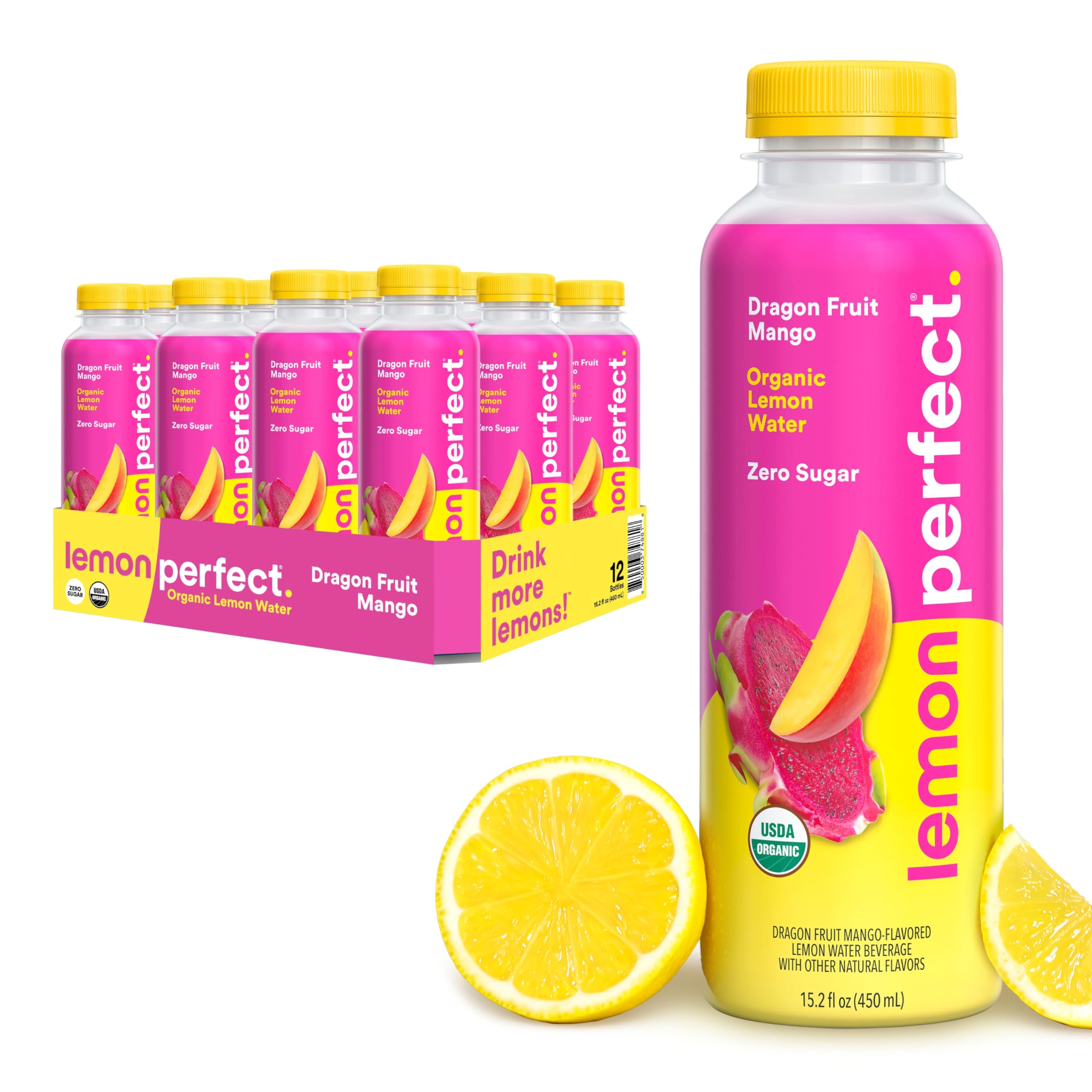 Lemon Perfect Dragon Fruit Mango, Hydrating Flavored Lemon Water, Zero Sugar, Delicious and Refreshing, Organic, 15.2 fl oz Bottles (12-Pack)USDA Organic