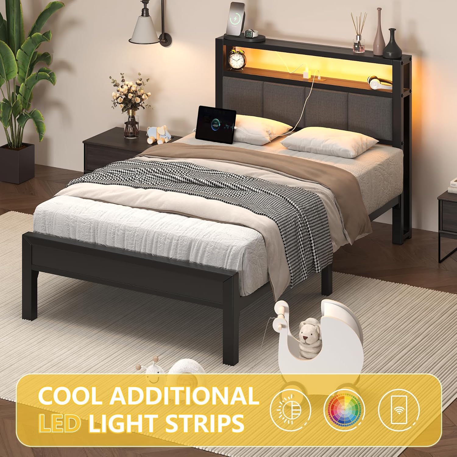 Twin Size Bed Frame with LED Lights and Charging Station, Wood Storage Headboard with 2-Tier Shelves, Heavy Duty Metal Slats, No Box Spring Need, Noise Free, Easy Assembly, Light Grey