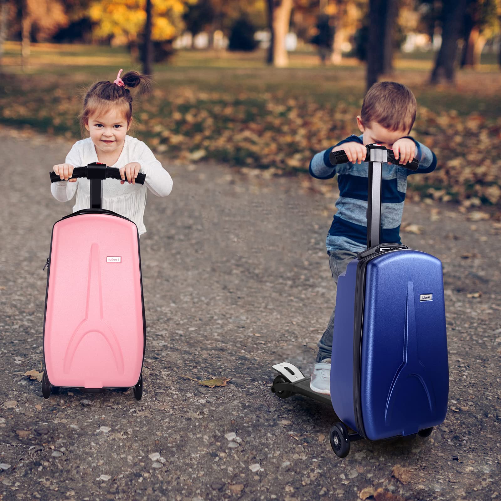 Iubest Luggage Carry On Scooter Suitcase for Kids Age 4-15, Detachable & Foldable 4 in 1 Suitcase, Multifunctional Ride On Travel Trolley Scooter Combo-Pink