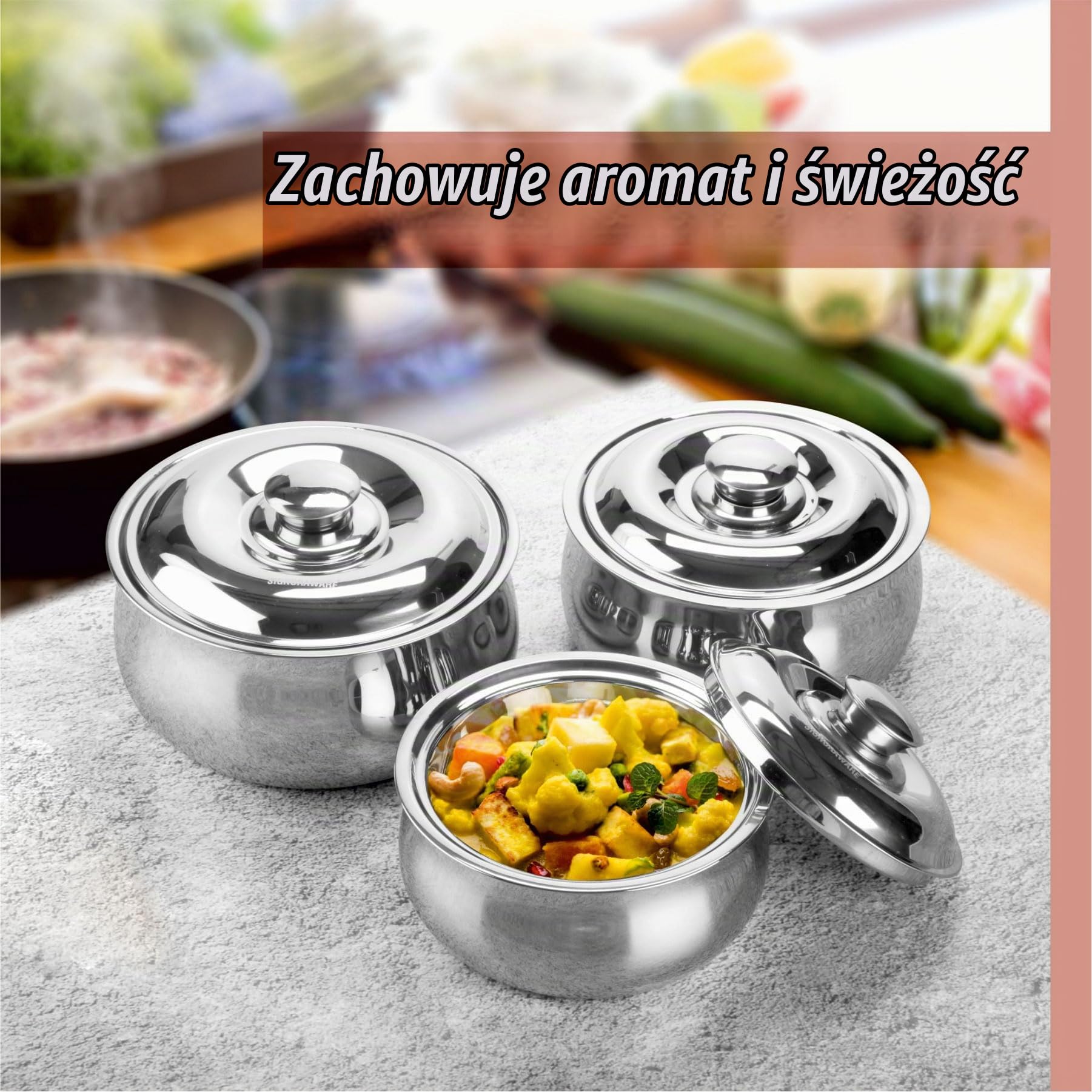 SIGNORA WARE Duże izolowane naczynie do zapiekania z pokrywką, zestaw 3 szt. podgrzewacz do żywności ze stali nierdzewnej – termiczna zupa/miska do serwowania sałatek pojemnik na gorące jedzenie ze