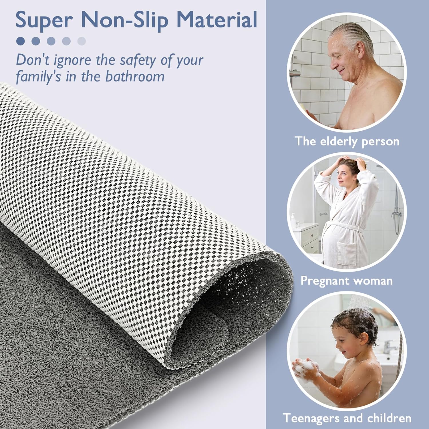 Shower Mat Non Slip 47x32 Inch, Quick Drying PVC Loofah Bath Mats, Easy Clean Soft Bathroom Rugs for Tub Floor, Shower, Grey
