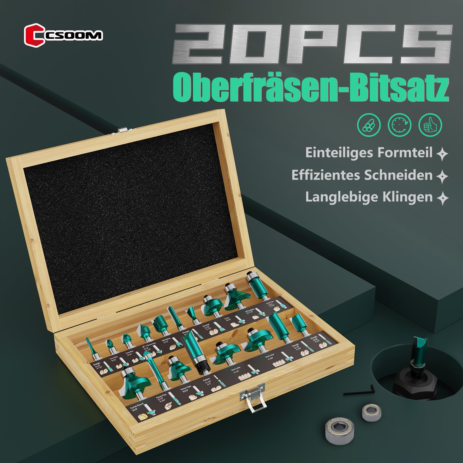 CSOOM Juego de 20 brocas profesionales para carpintería con rodamientos de repuesto, adecuadas para vástago de 8 mm, cuchillas de aleación dura, herramientas de carpintería, empaquetadas en cajas de