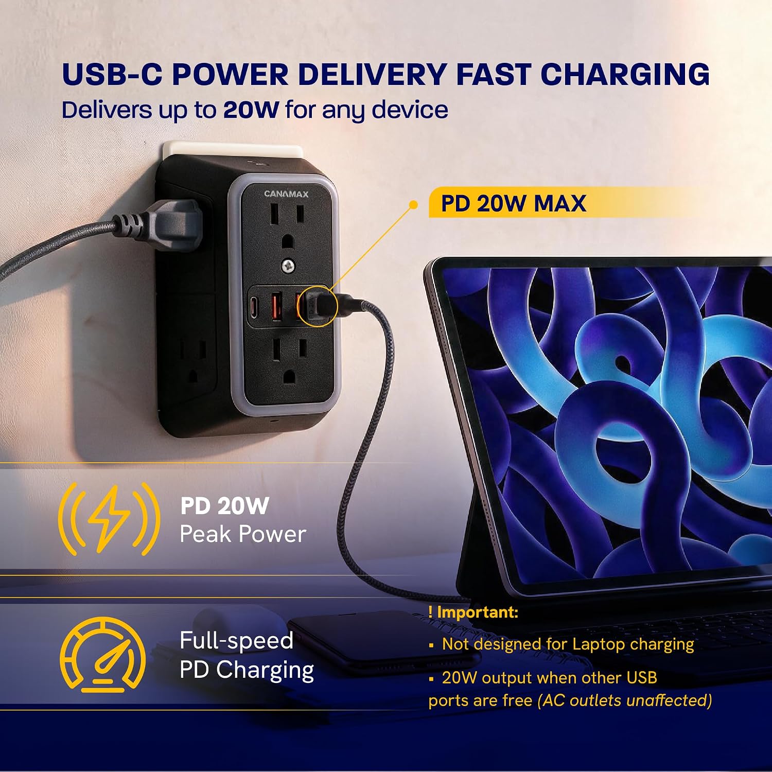 Multi Plug Wall Outlet Extender Black - 6 Outlet 4 USB Port (20W Charging) image 3