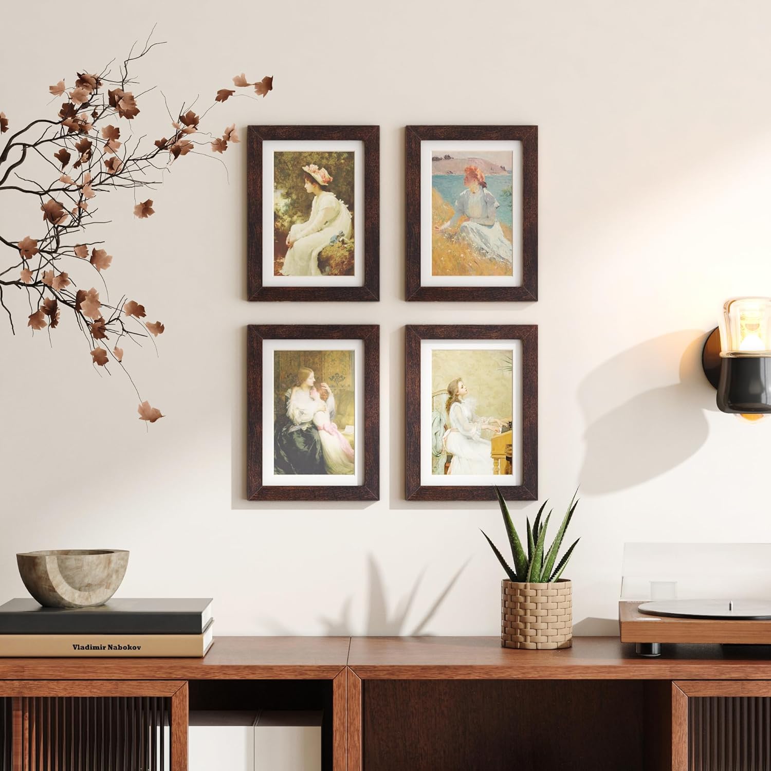 KINLINK 5x7 Picture Frame Brown Set of 4, Wooden Photo Frames Matted 4x6 with Plexiglass for 4x6 with Mat or 5x7 without Mat for Table and Wall Display