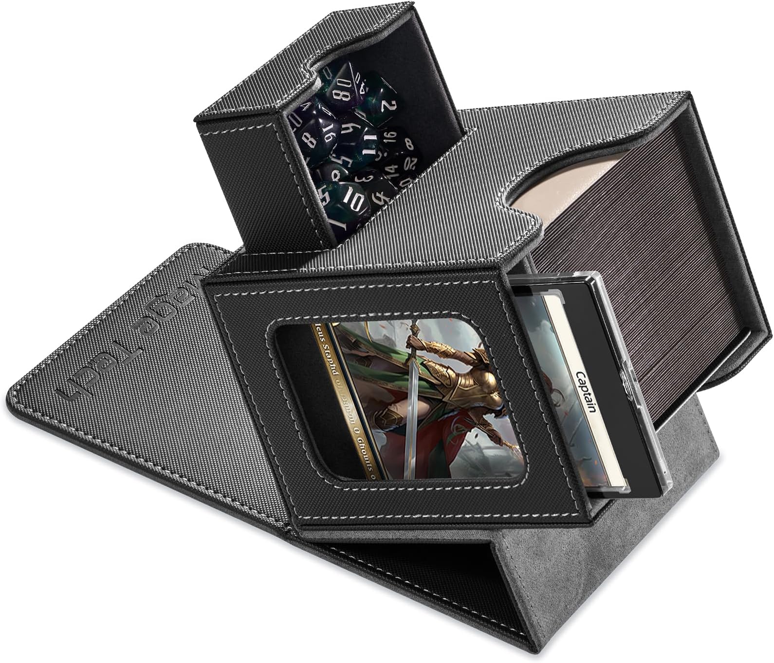 Card Deck Box for MTG Commander - Patented Design, Commander Display, Fits 100 Double-Sleeved Cards, 35pt Card Brick & Dice Tray - Black/Gray