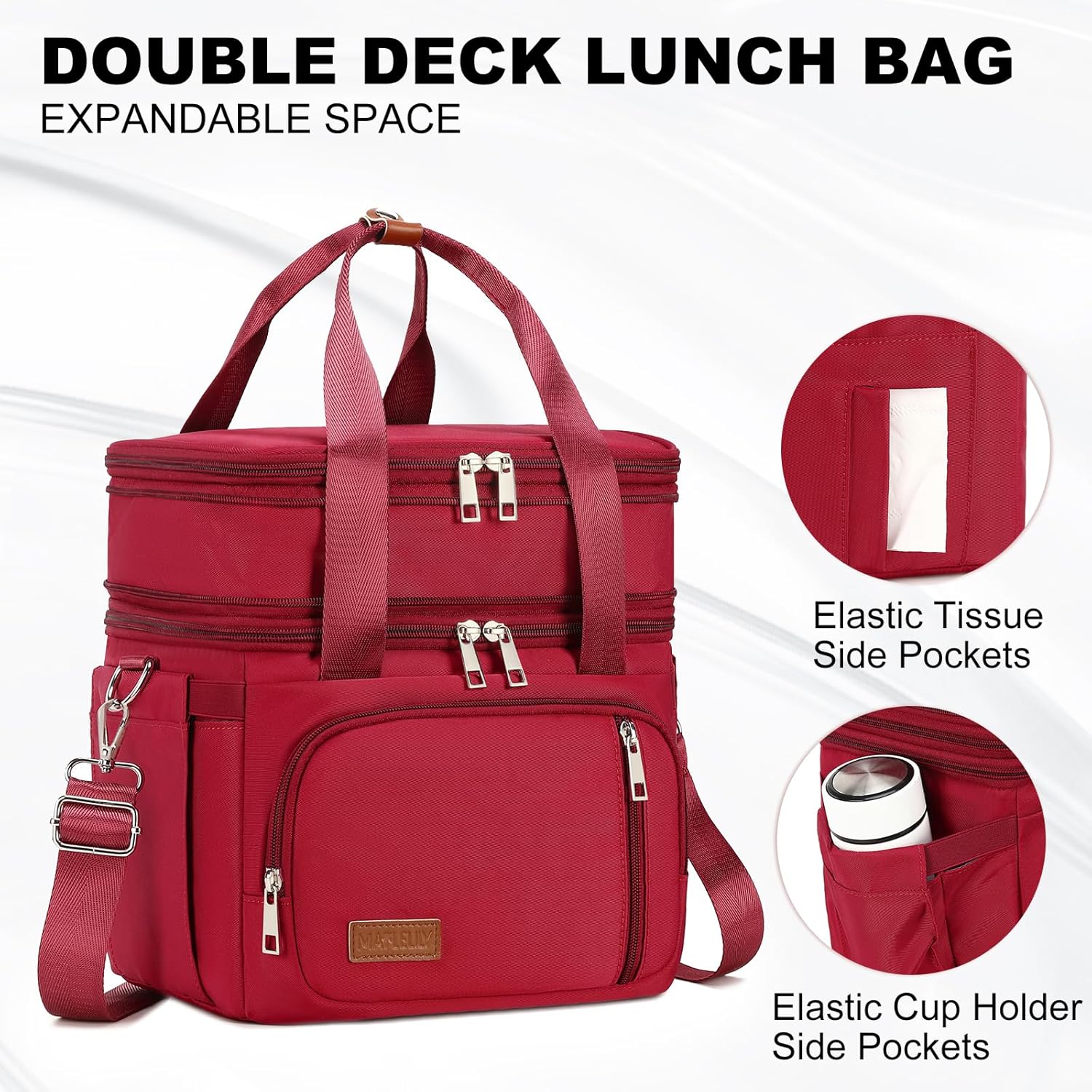 Lunch Box for Men Women - Double Deck Insulated Lunch Bag, Large Leak Proof Tote Cooler, Wide Open Dual Compartment Lunch Bags with Shoulder Strap, For Work Picnic Hiking Beach, Red - Image 6