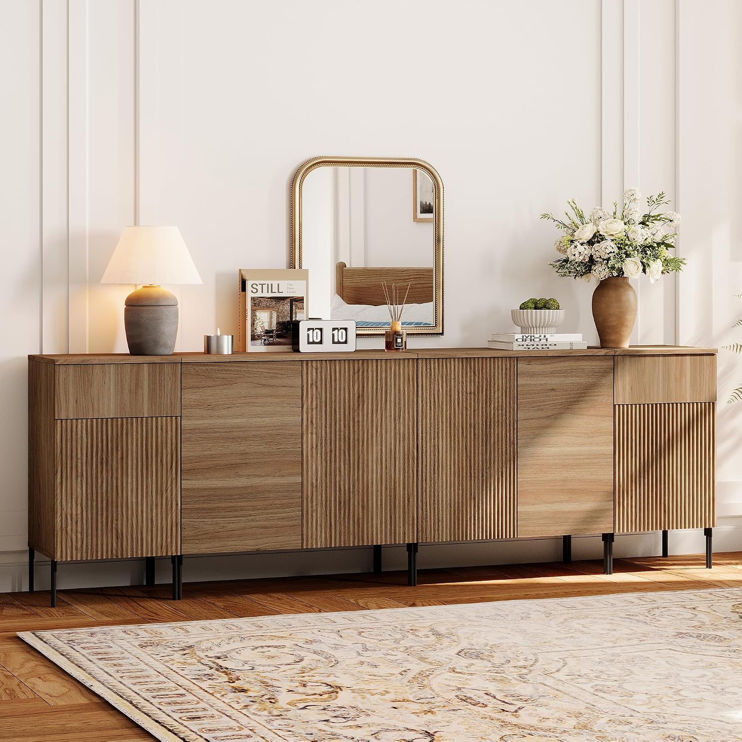 WAMPAT 4 in 1 Fluted TV Stand for 100 Inch TV,94.5" W Modern Entertainment Center with Storage Cabinets and 2 Drawers & 4 Doors,Mid Century Modern Media TV Console Table for Living Room,Bedroom,Brown