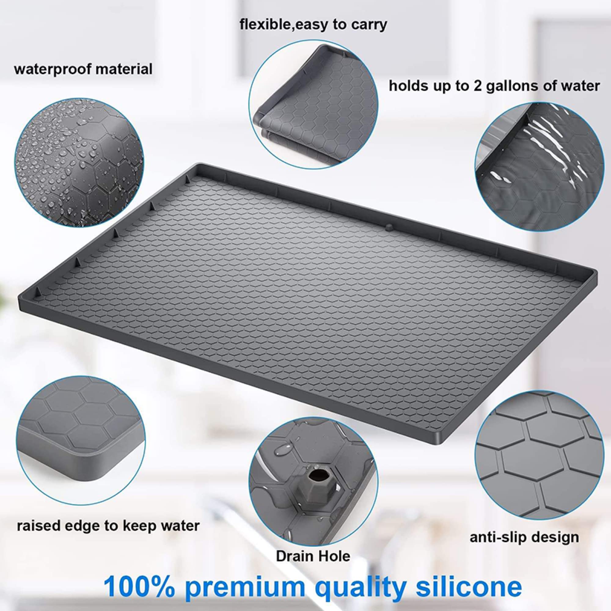 Tappetino in silicone sotto lavello - Tappetino per lavello, organizer per lavello, 34" x 22" Tappetini drenanti - Tappetino per armadietto grande per cucina, bagno/Grey